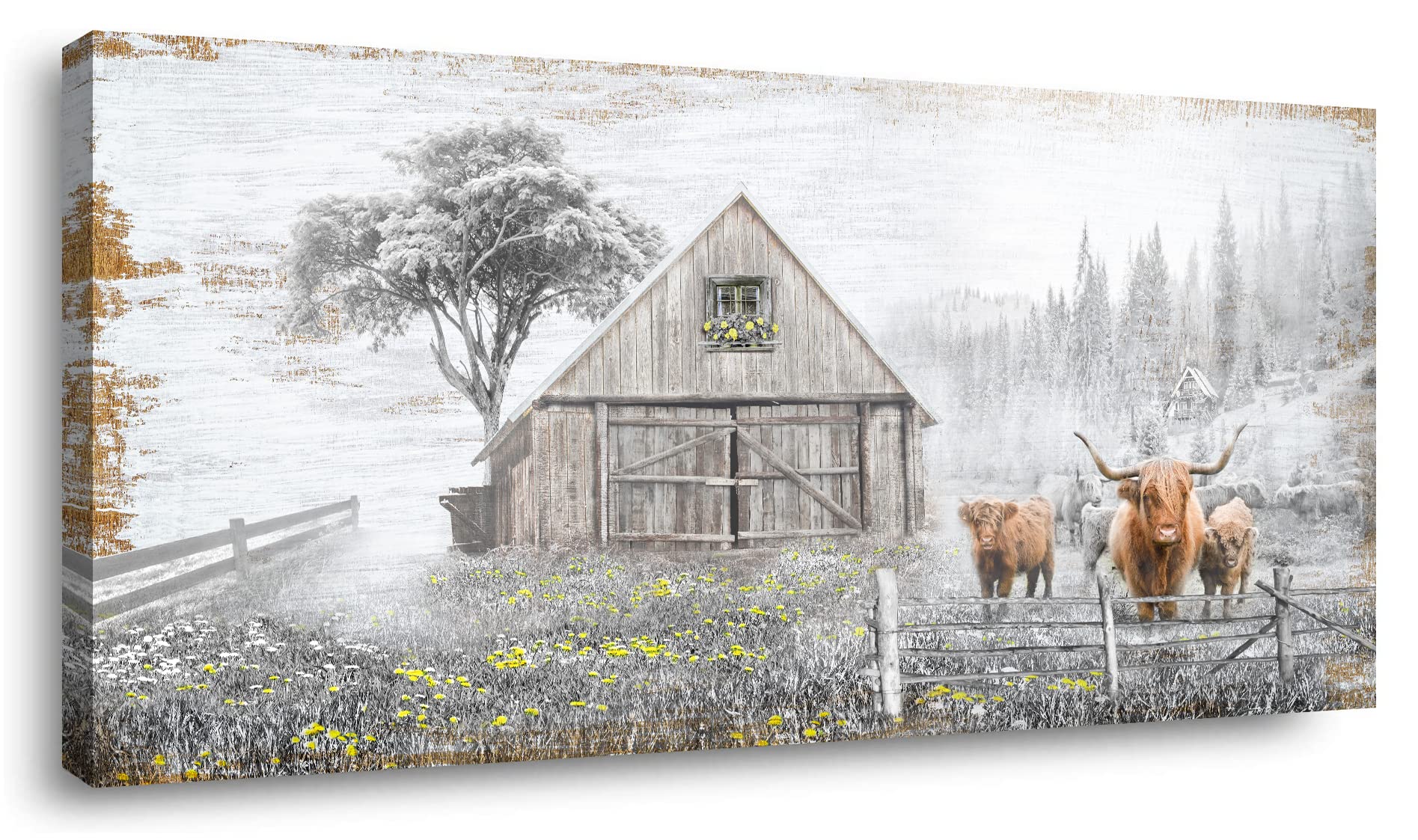 Highland Cow Wall Art - Rustic Farmhouse Decor with Daisy Flowers, Wooden Canvas Print (24