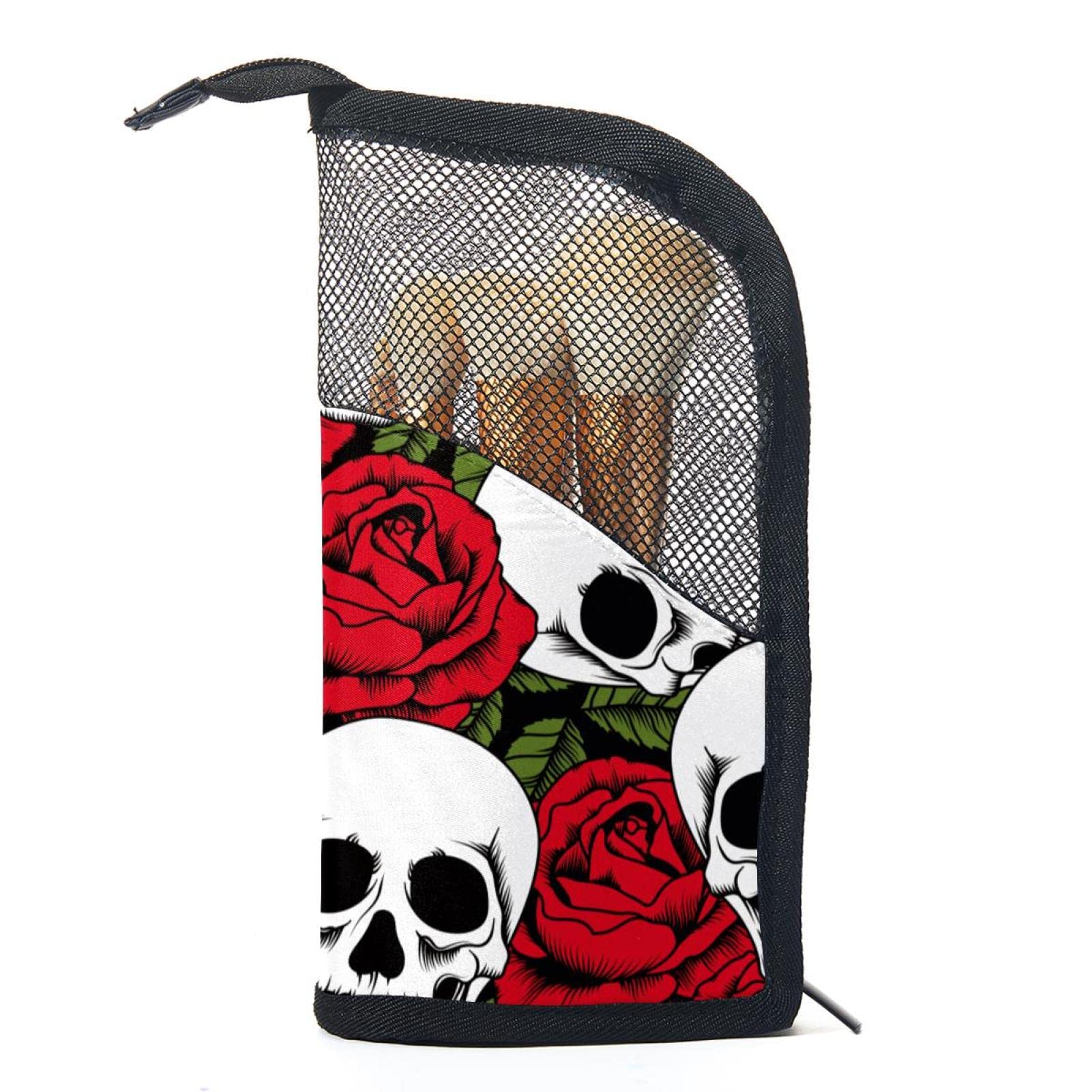 Premium 12-Piece Makeup Brush Organizer Bag with Skull Rose Design - Portable Cosmetic Brush Holder Case for Travel, Home & Professional Makeup Artists