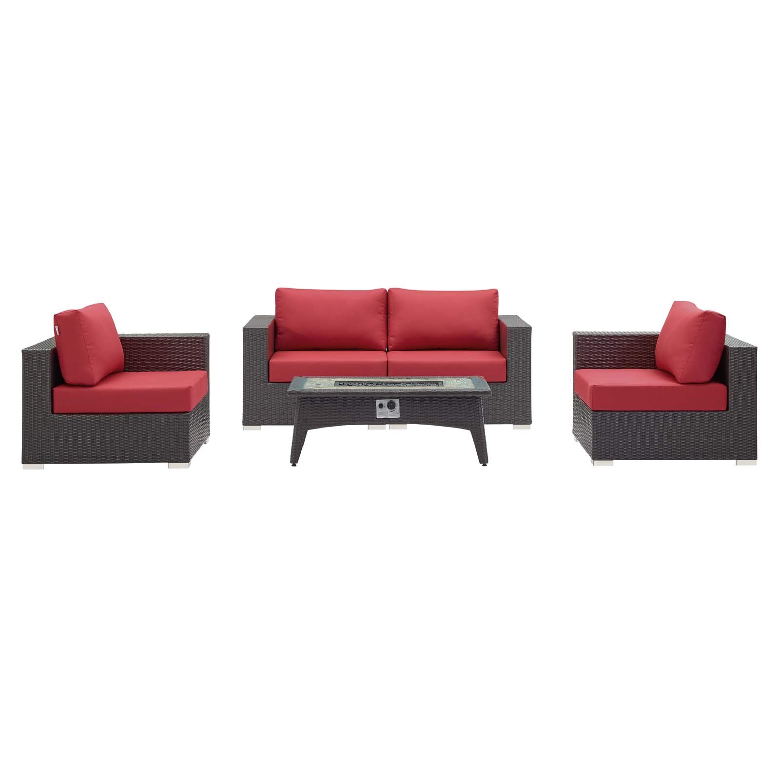 Modern Outdoor Patio Lounge Set - Red Fabric Rattan Wicker Sofa, Chair & Coffee Table Fire Pit for Backyard Relaxation and Entertaining