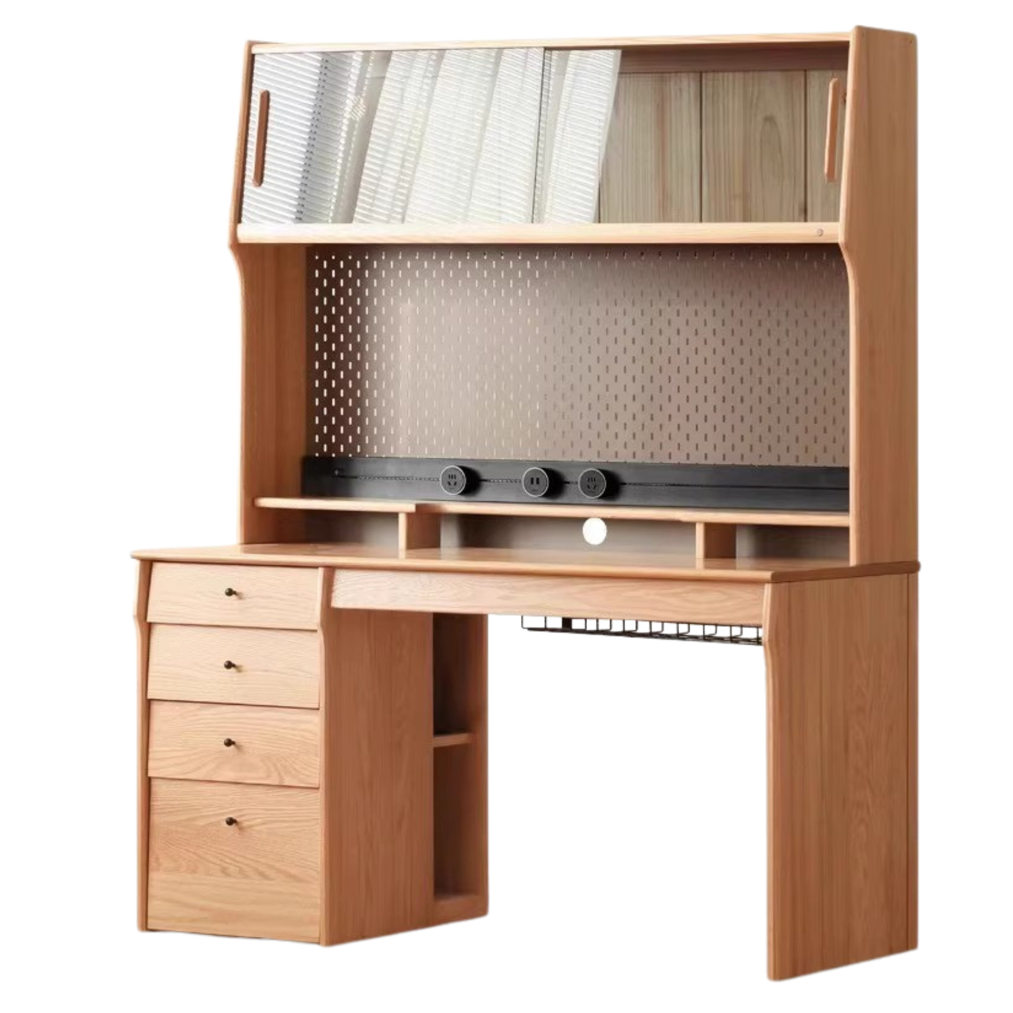 Solid Oak & Cherry Wood Desk Bookshelf with Warm LED Lighting - Perfect for Home Office, Study Room, and Library Organization