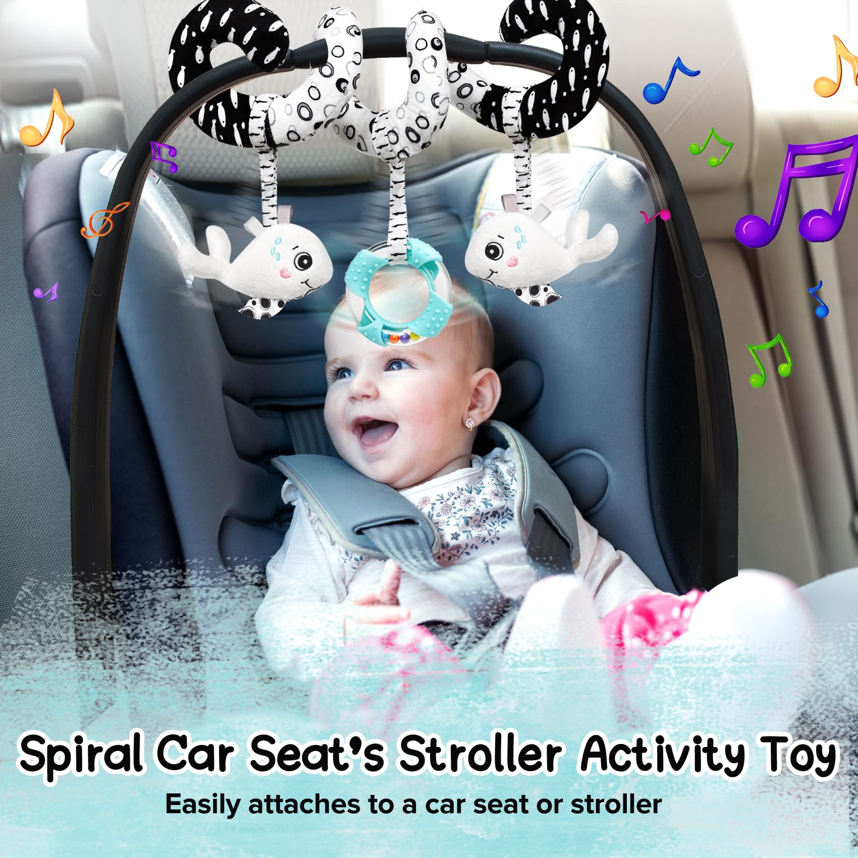 Black and White High Contrast Sensory Toys for Babies - Spiral Hanging Stroller & Car Seat Plush Activity Toy | Newborn Developmental Gift for Baby Shower, Easter Basket, Birthday Party Favors | Perfect for Visual Stimulation and Early Learning