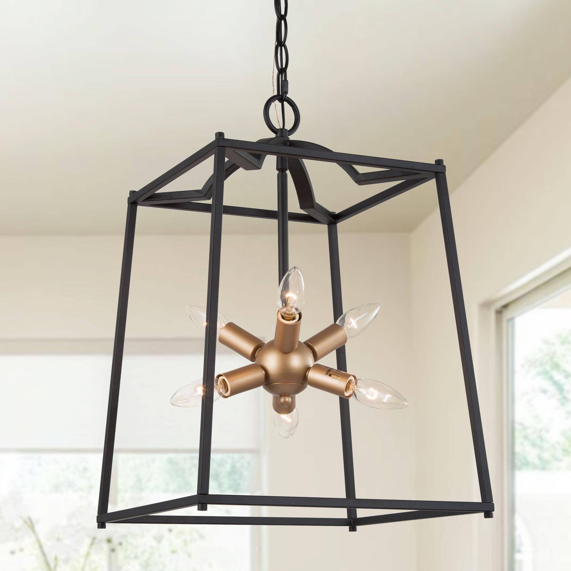 Uolfin Modern 6-Light Chandelier - Black & Gold Lantern Pendant Light Fixture for Dining Room, Bedroom, Kitchen | Cage Hanging Foyer Lighting for Hallway, Entrance & Living Room | Elegant Home Decor & Ceiling Lighting Solution