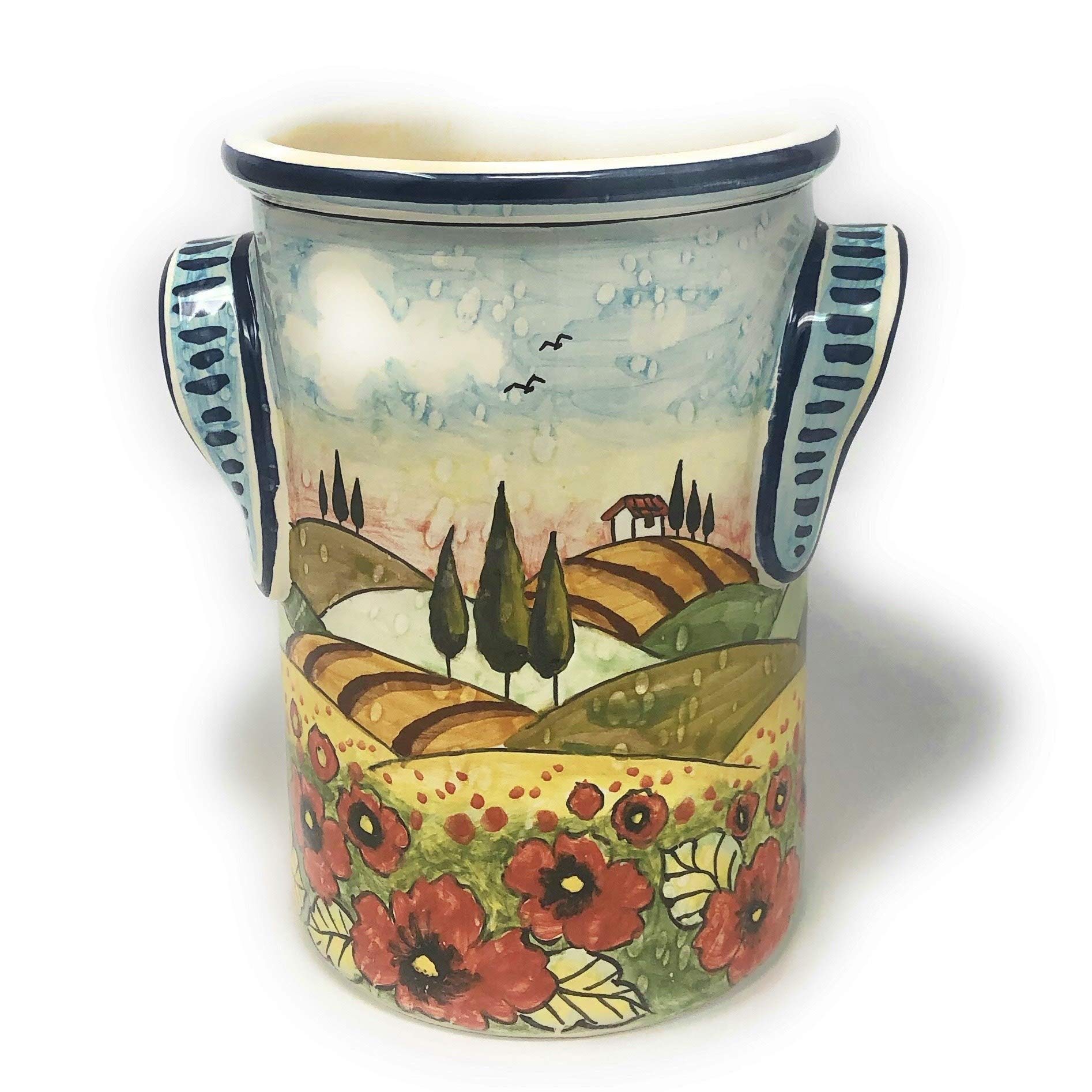 Hand-Painted Italian Ceramic Utensil Holder & Wine Bottle - Tuscan Landscape with Poppies Design - Art Pottery Made in Italy - Perfect for Kitchen Decor & Wine Storage