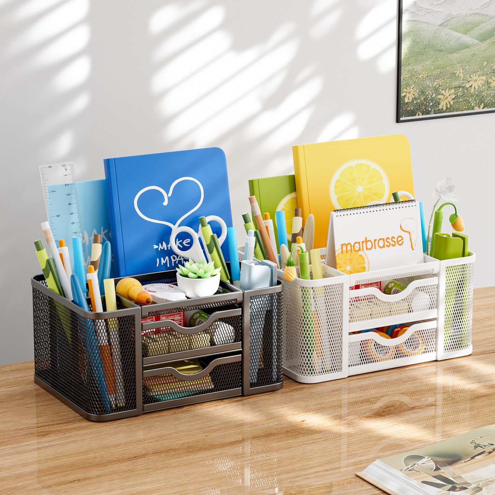 Marbrasse Mesh Desk Organizer with 2 Drawers - Multi-Functional Pen & Pencil Holder for Office, School & Home - 5 Compartments Storage for Art Supplies, Stationery & Desk Accessories (Black) - Perfect for Workspace Organization & Decluttering