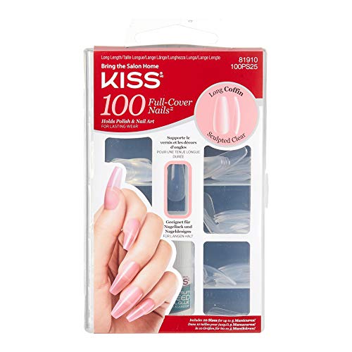 KISS 100 Acrylic Plain Nails - 1 Pack Long Coffin Shape False Nails for Manicure, Salon & DIY Nail Art | Perfect for Parties, Weddings & Special Occasions
