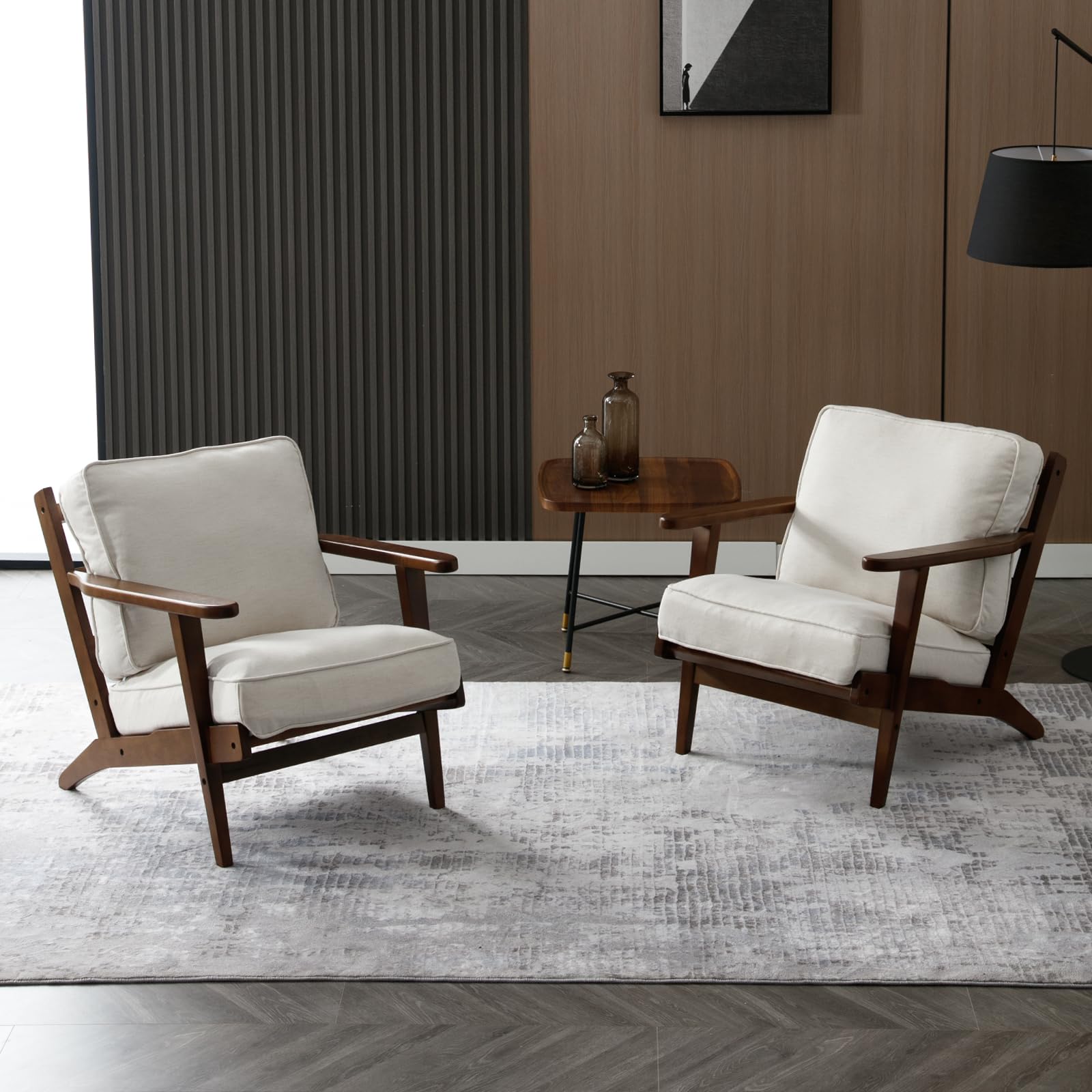 Mid Century Modern Accent Chair - Solid Wood Frame Upholstered Armchair for Living Room, Bedroom & Reading Nook - Elegant Beige Fabric Lounge Chair - Perfect for Home Office, Apartment Decor & Cozy Sitting Areas
