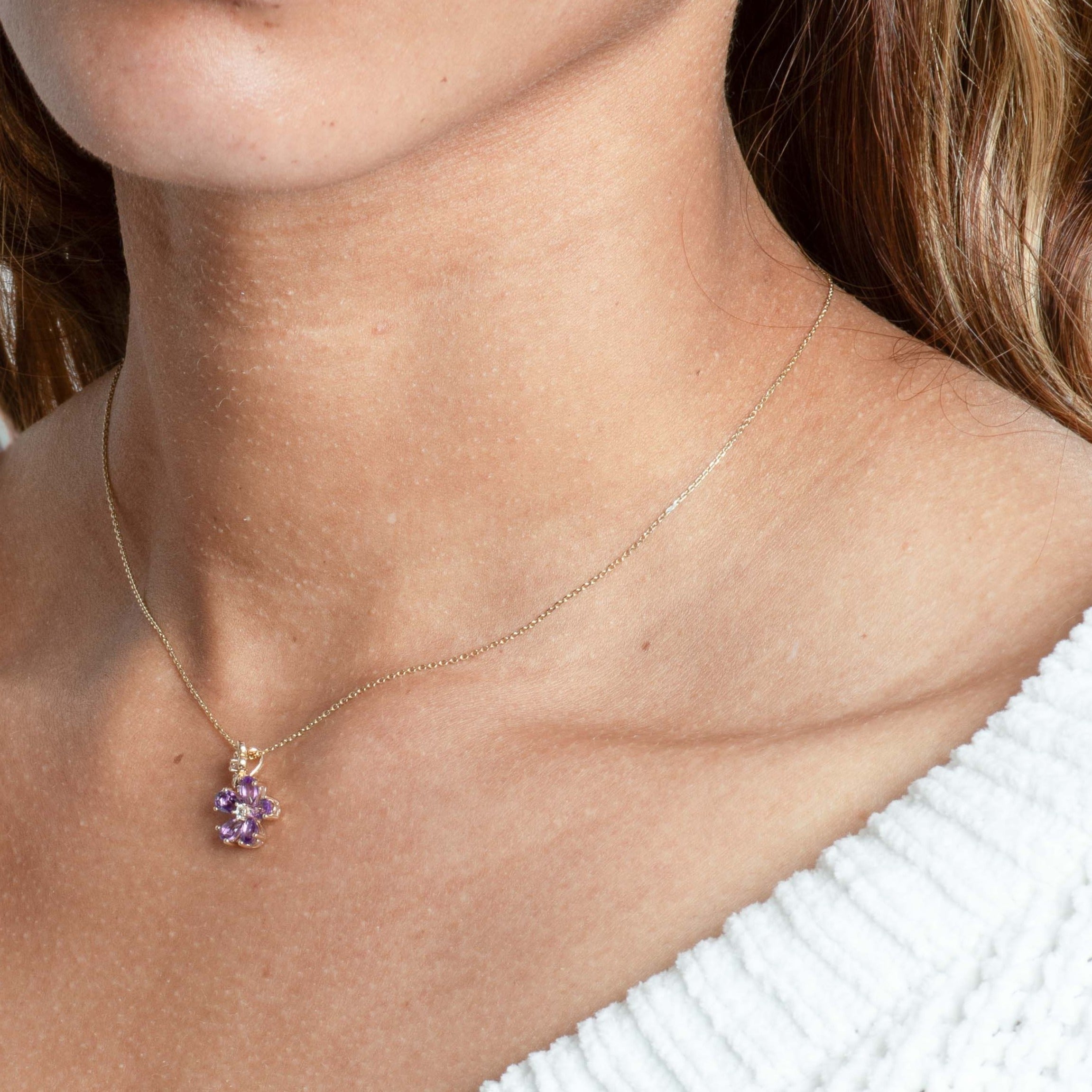 10k Yellow Gold Amethyst & White Sapphire Double Flower Drop Pendant Necklace - Elegant Jewelry Gift for Women, Perfect for Weddings, Anniversaries & Special Occasions