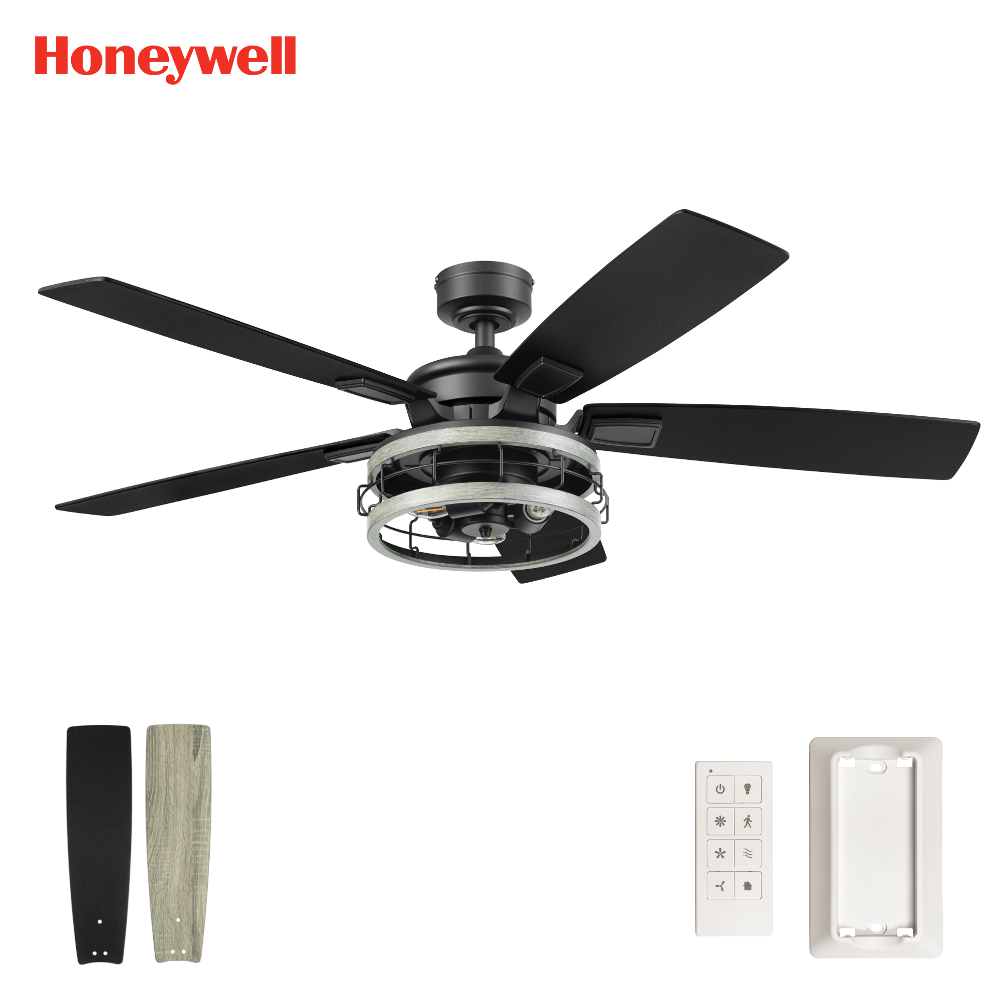 52 Inch Honeywell Carnegie Matte Black Ceiling Fan with Gray Cage Light & Remote Control - Perfect for Living Room, Bedroom, and Outdoor Covered Patio