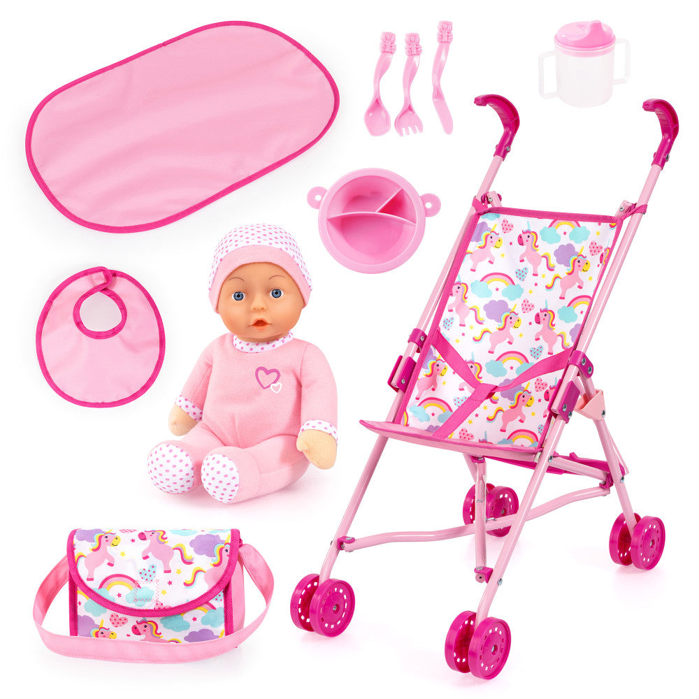 Bayer Design Pink Unicorn Umbrella Stroller Doll Set for Girls Ages 3-8 | Perfect for Pretend Play, Outdoor Walks & Birthday Gifts