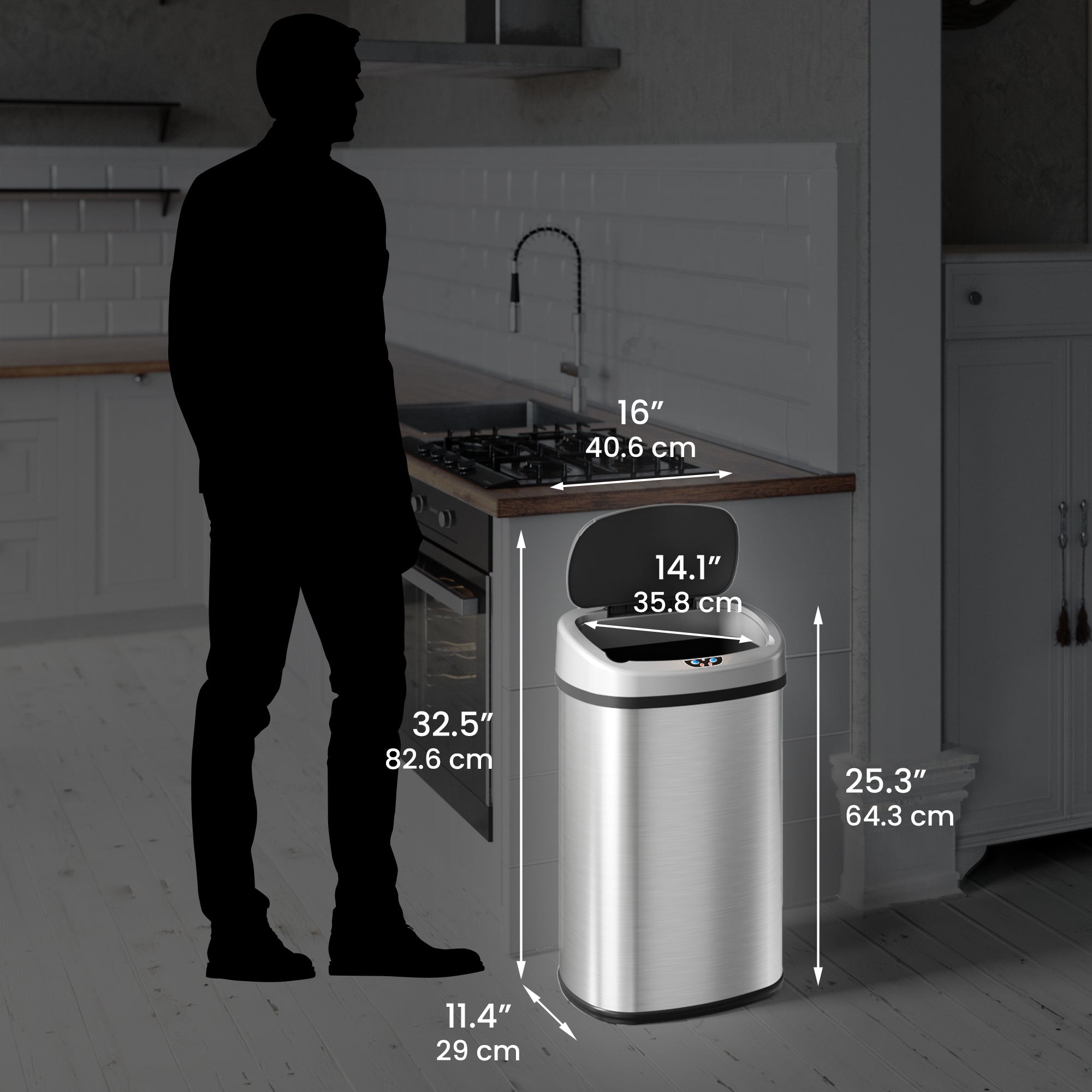 13 Gallon Automatic Touchless Kitchen Trash Can with Motion Sensor & AbsorbX Technology - Self-Contained Electric Motor Odor Control Trash Bin for Home, Office & Restaurant Use