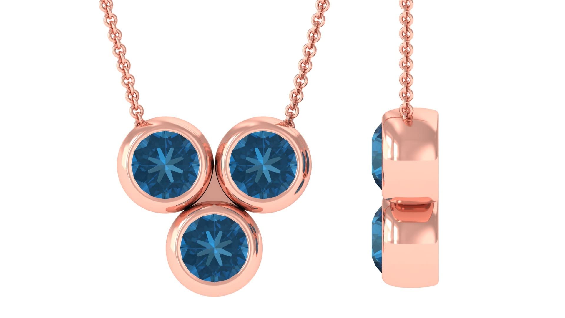 2.5mm London Blue Topaz Three Stone Pendant Necklace - 14K Solid Gold Bezel Set with Chain - Elegant Jewelry Gift for Women, Birthday, Anniversary & Special Occasions