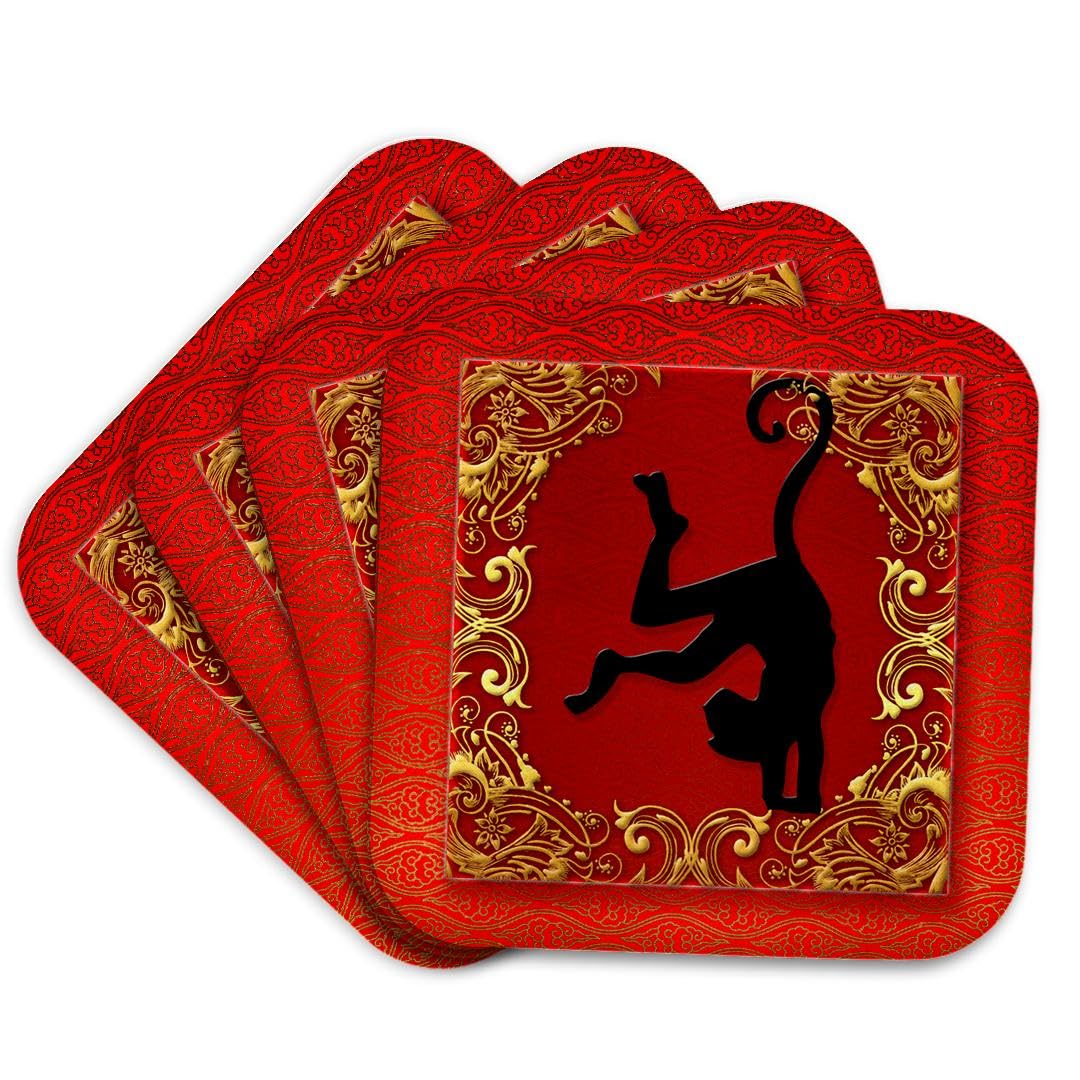 3D Chinese Zodiac Year of The Monkey Soft Coasters Set of 4 - Red, Gold & Black for Chinese New Year Celebrations, Home Decor & Party Supplies