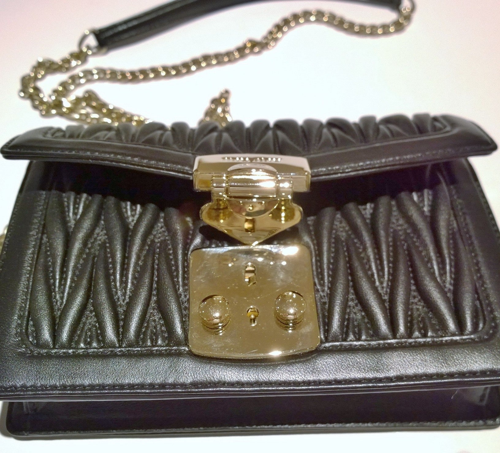 Miu Miu Confidential Small Black Leather Matelassé Crossbody Bag with Gold-Tone Chain - Perfect for Evening Events, Parties & Date Nights