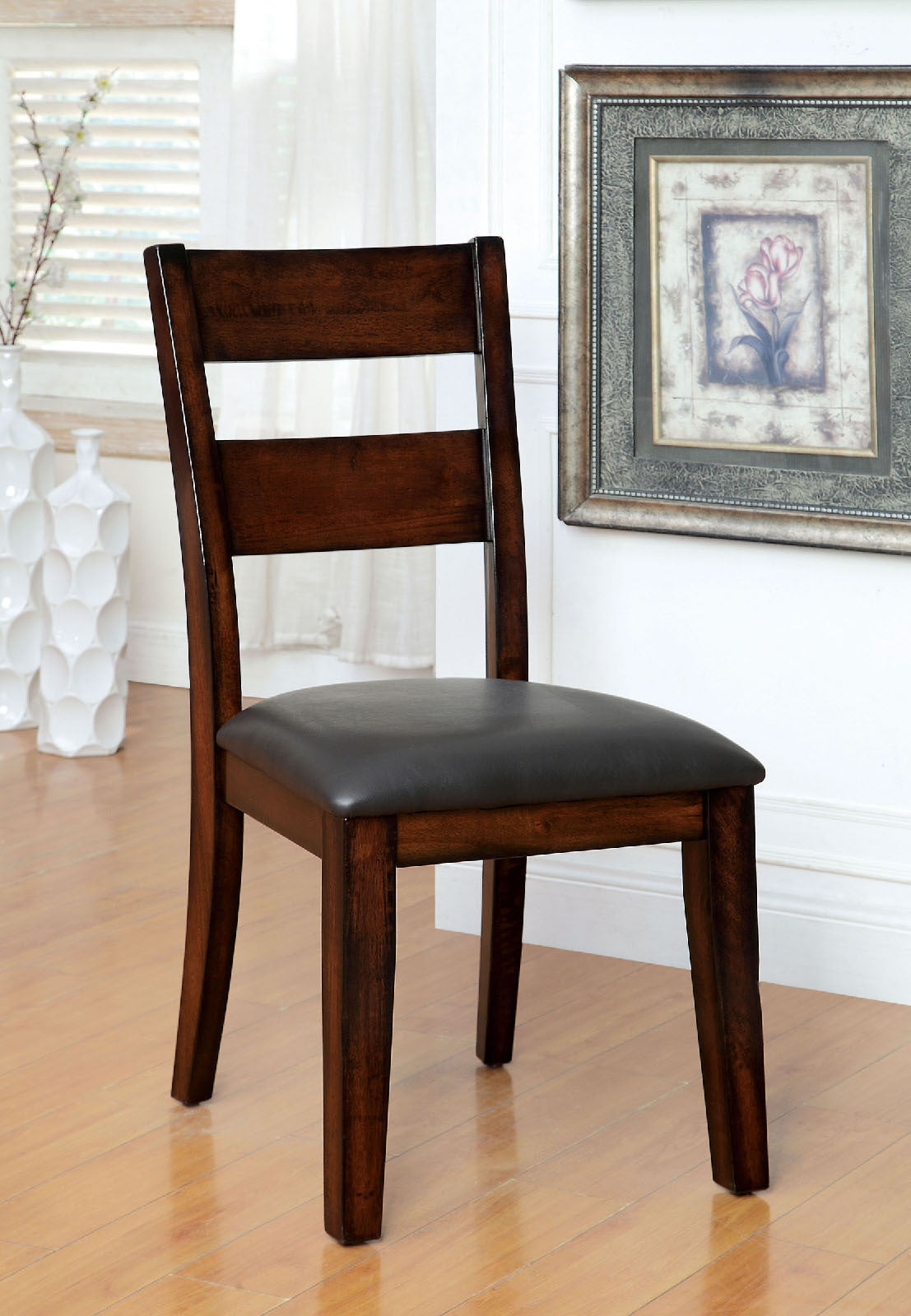 Dark Cherry Finish Solid Wood Transitional Style Kitchen Dining Chairs Set of 2 - Bold & Sturdy Design with Padded Leatherette Seats - Perfect for Dining Room, Kitchen Island, or Breakfast Nook
