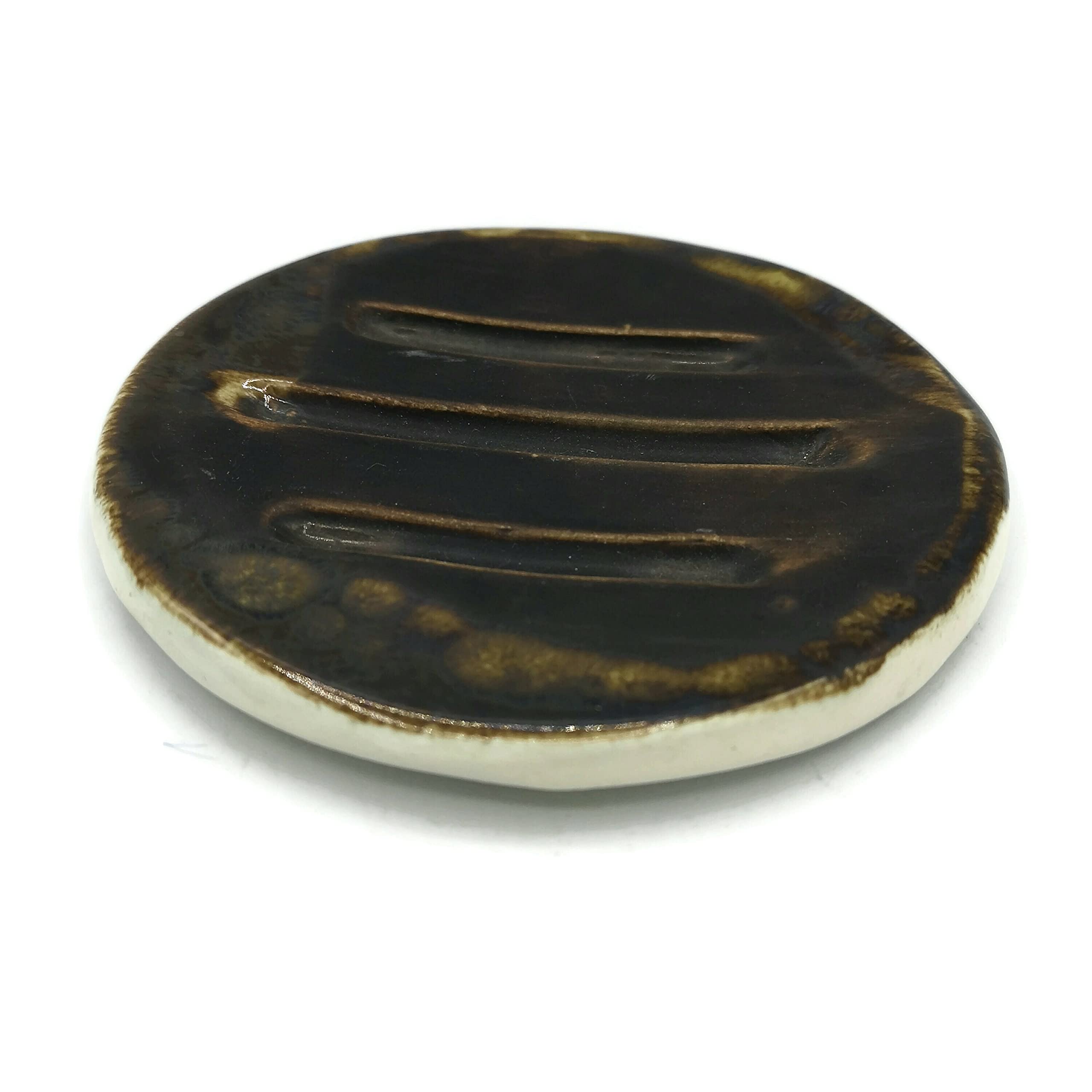 Dark Brown Ceramic Soap Dish & Sponge Holder - Bathroom & Kitchen Organizer for Sinks, Showers, and Countertops