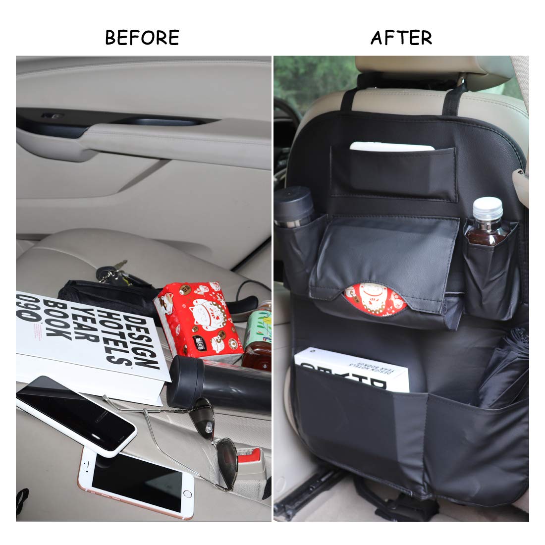 Premium PU Leather Car Seat Back Organizer with Tablet Holder - Universal Car Backseat Storage for Kids, Bottles, Toys & Accessories (Black, 2 Pack) - Perfect for Road Trips, Family Travel & Daily Commute