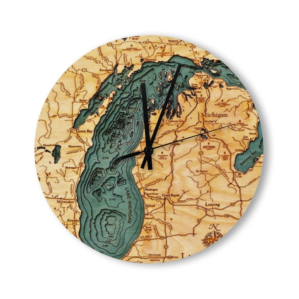 3D Nautical Wood Wall Clock - Lake Michigan Design, Round Wooden Wall Watch for Kitchen, Office, Living Room & Bedroom | Made in USA | Perfect for Home Decor, Gifts & Coastal-Themed Interiors