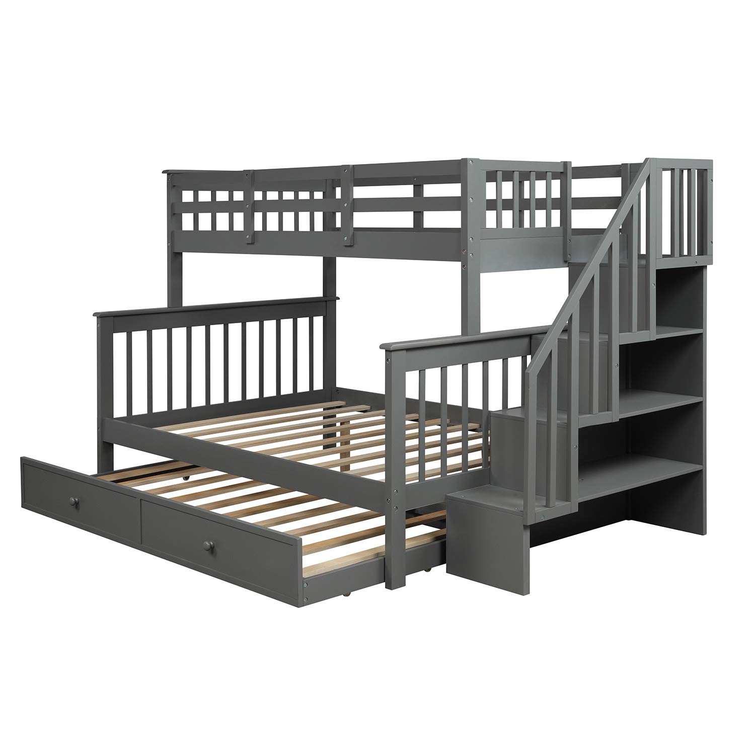 Solid Wood Twin-Over-Full Bunk Bed with Trundle, Storage & Safety Rail - Space-Saving Kids Bedroom & Dorm Furniture for Siblings or Sleepovers (Gray)