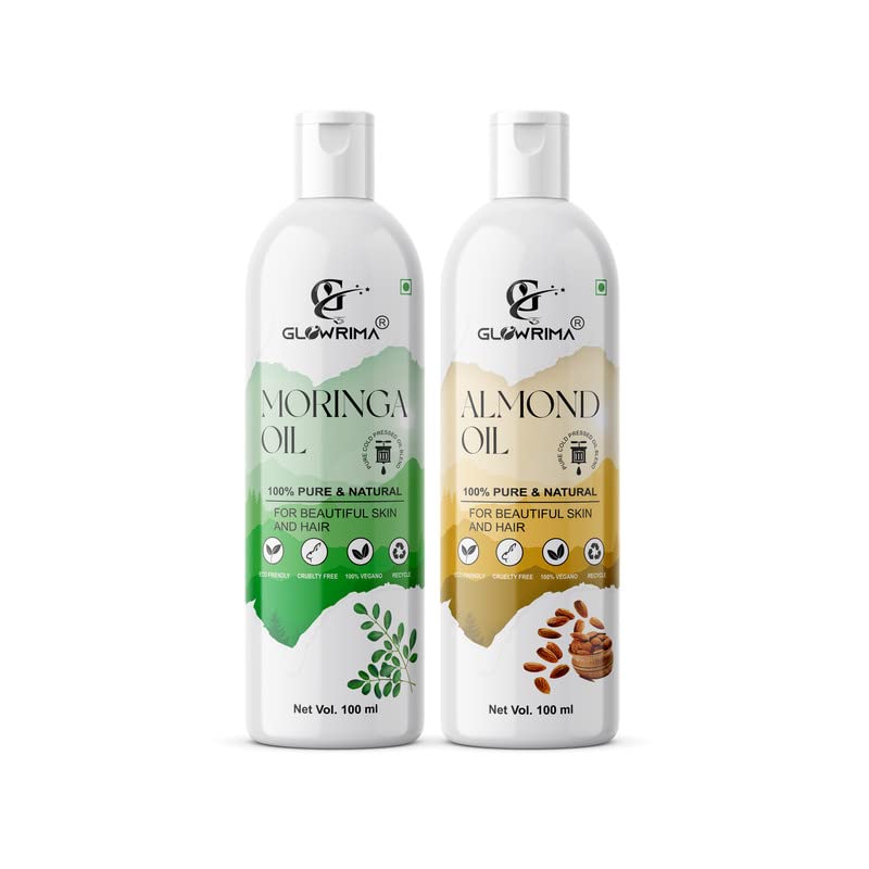 Glowrima 100% Pure Moringa Oil & Almond Oil Combo Set - 100ML Each for Hair Growth, Anti Hair Fall, Split Ends Repair - Promotes Soft, Shiny & Healthy Hair (Pack of 2) - Perfect for Daily Hair Care & Scalp Massage