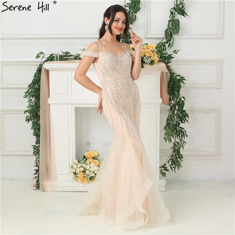 Luxury Off Shoulder Evening Gowns with Diamond Pearls - Sexy Boat Neck Dubai Nude Dresses for Women 2025 (LA6696) | Perfect for Red Carpet Events, Galas & Formal Parties