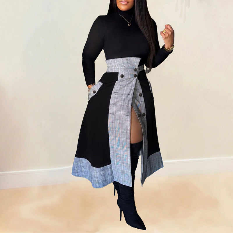 Women's Long Sleeve High Neck Plaid Slit Skirt Suit Set - Elegant Office Wear & Party Outfit for Fall/Winter Fashion