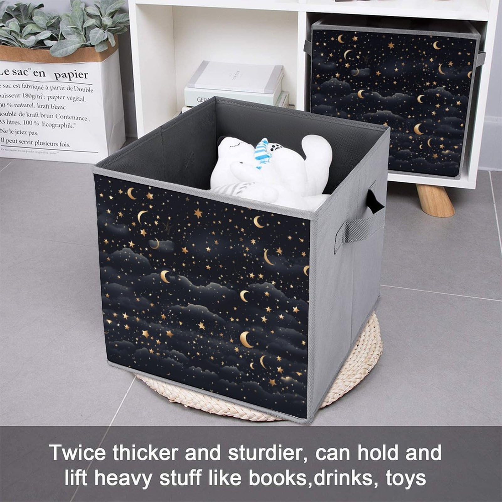 2PCS Collapsible Storage Bins with Dual Handles - Foldable Fabric Storage Baskets Organizer Cubes with Stars & Moon Pattern for Clothes, Toys, Home Organization - Perfect for Bedroom, Closet, Nursery & Office Storage Solutions