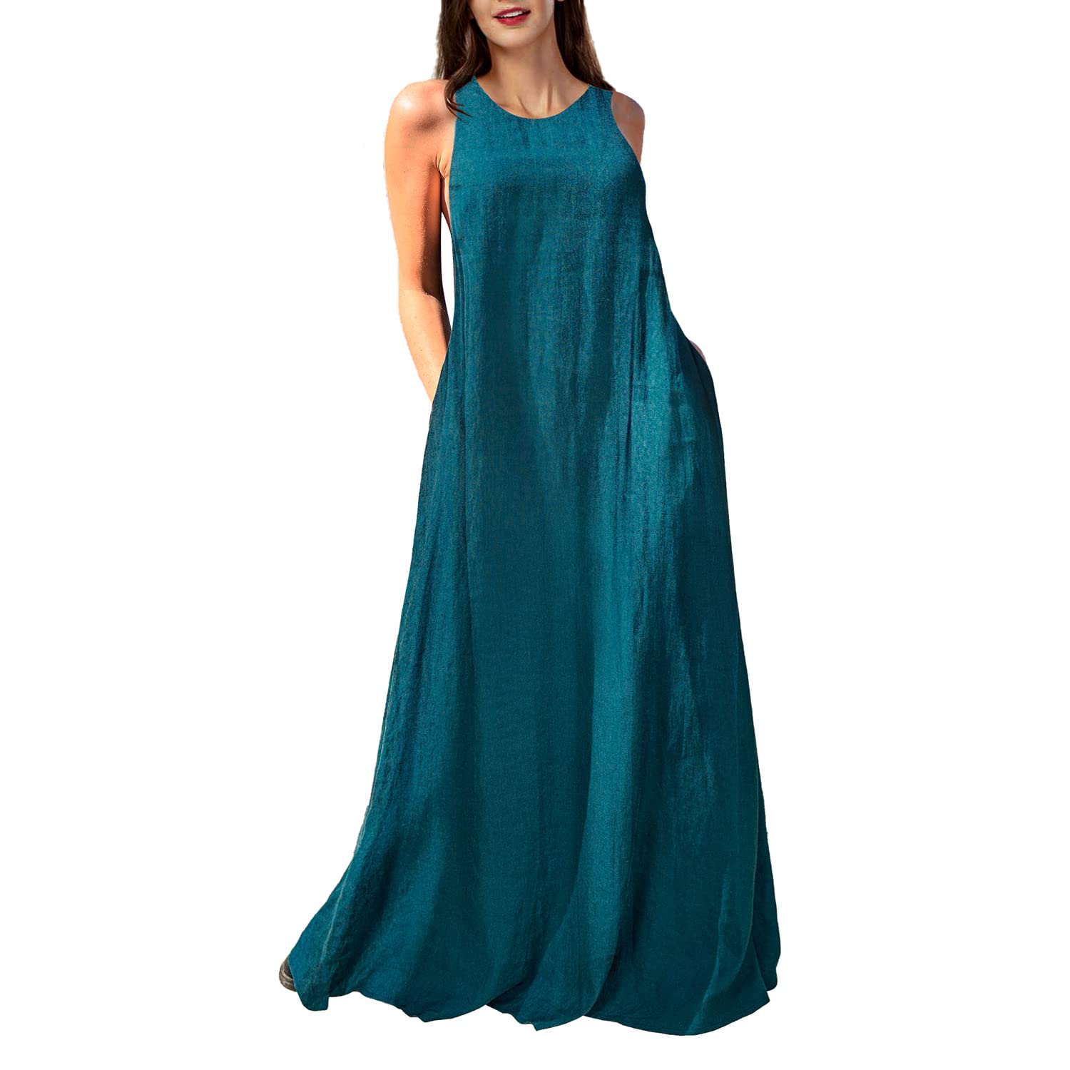 Bwzlpqj Women's Sleeveless Linen Maxi Dress - Summer Casual Long Dress with Pockets | Perfect for Beach, Vacation & Outdoor Activities