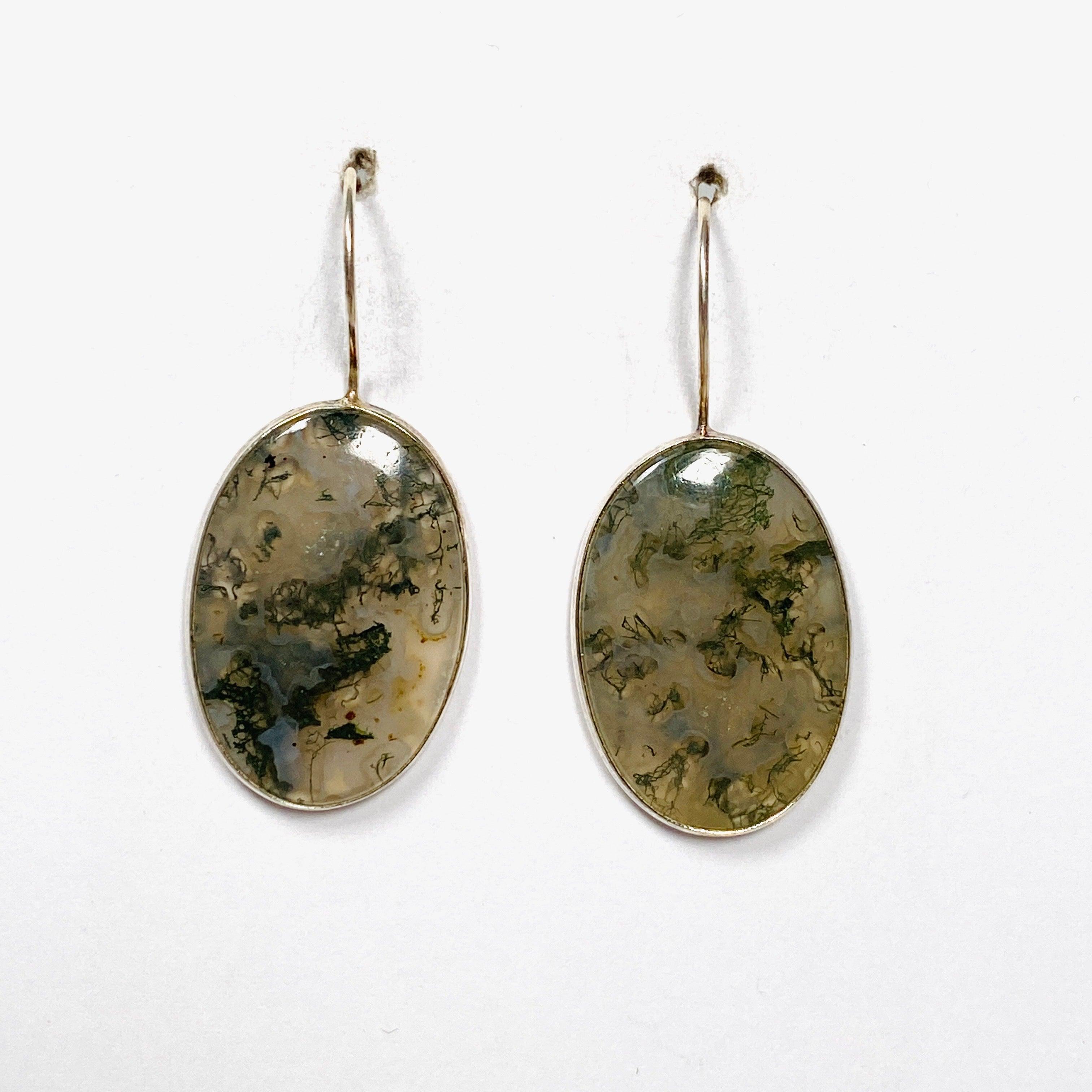 Natural Moss Agate Oval Dangle Earrings with Sterling Silver Hooks - Elegant Boho Jewelry for Women | Perfect for Weddings, Parties & Everyday Wear