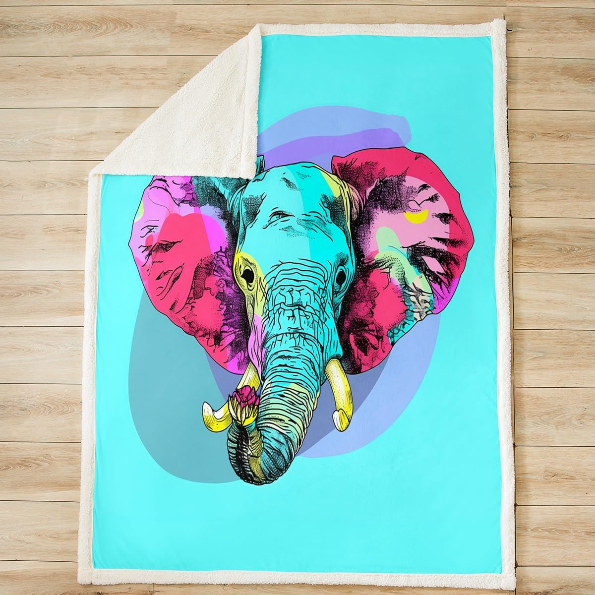 Psychedelic Elephant Plush Fleece Throw Blanket - Boho Sherpa Blanket for Boys, Girls, Kids & Teens - Soft Teal Blue Floral Bird Design - 40x50 Inch Cozy Blanket for Sofa, Bed, Couch & Nursery Decor