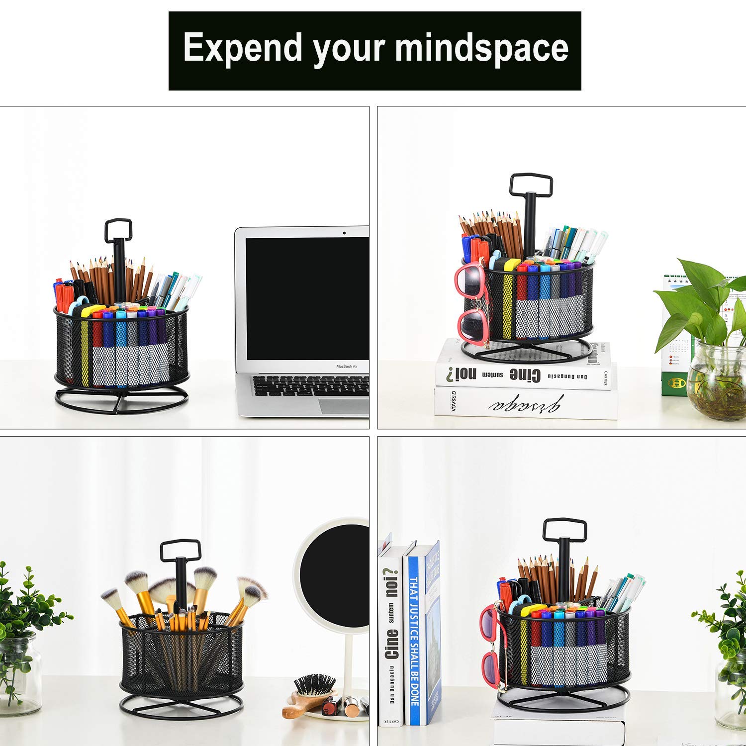 360° Rotating Mesh Desk Organizer - 4 Compartment Multifunctional Pen Holder & Office Supply Storage Box | Perfect for Home Office, School, Art Studio Organization (Black)
