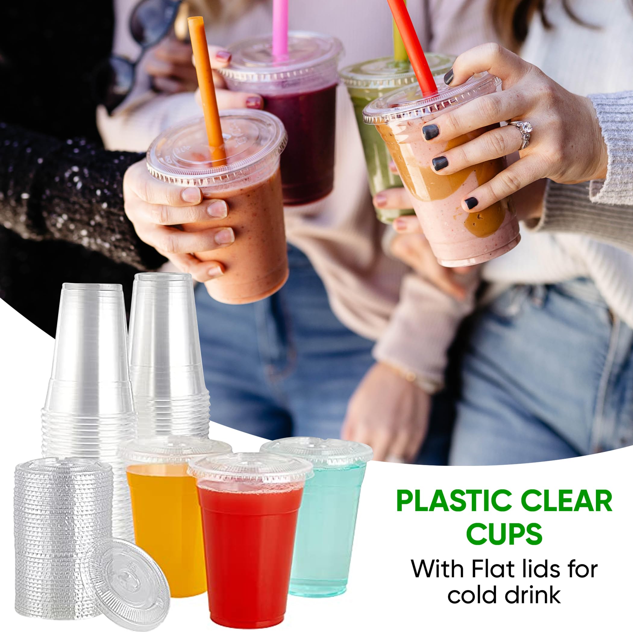Green Direct 10 oz. Clear Disposable Plastic Cups with Lids - Bulk Pack of 50 Sets for Iced Coffee, Bubble Tea, Smoothies & Cold Drinks | Perfect for Parties, Cafes & Takeout