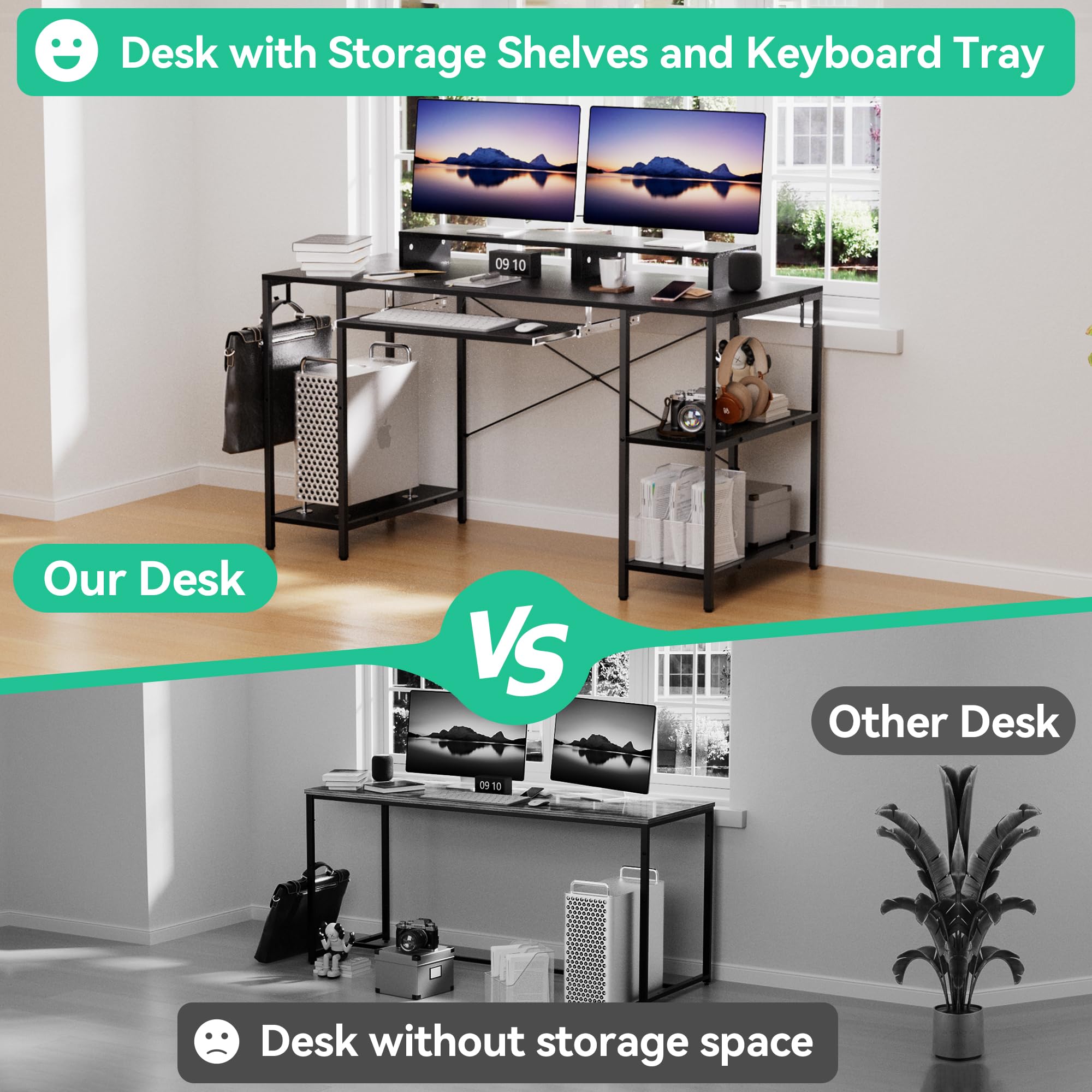55 Inch Industrial Workstation Desk with Keyboard Tray & Storage Shelves - Heavy Duty Computer Desk with Monitor Stand & 4 Iron Hooks - Perfect for Home Office, Gaming Setup & Workspace Organization