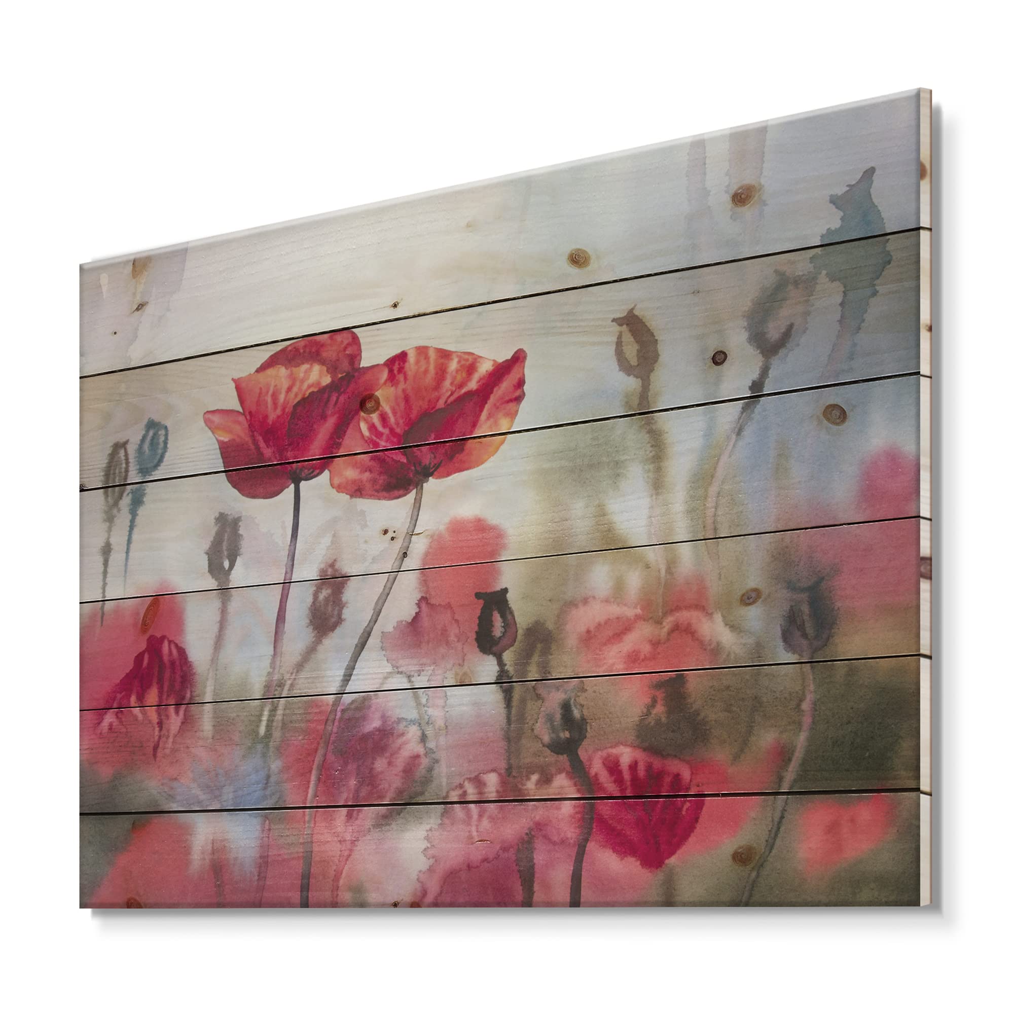 DesignQ Blossoming Poppies Wood Wall Art - Traditional Floral Wall Decor, Large Red Poppy Meadow Painting on Natural Pine Wood Panel - Perfect for Living Room, Bedroom & Farmhouse Decor
