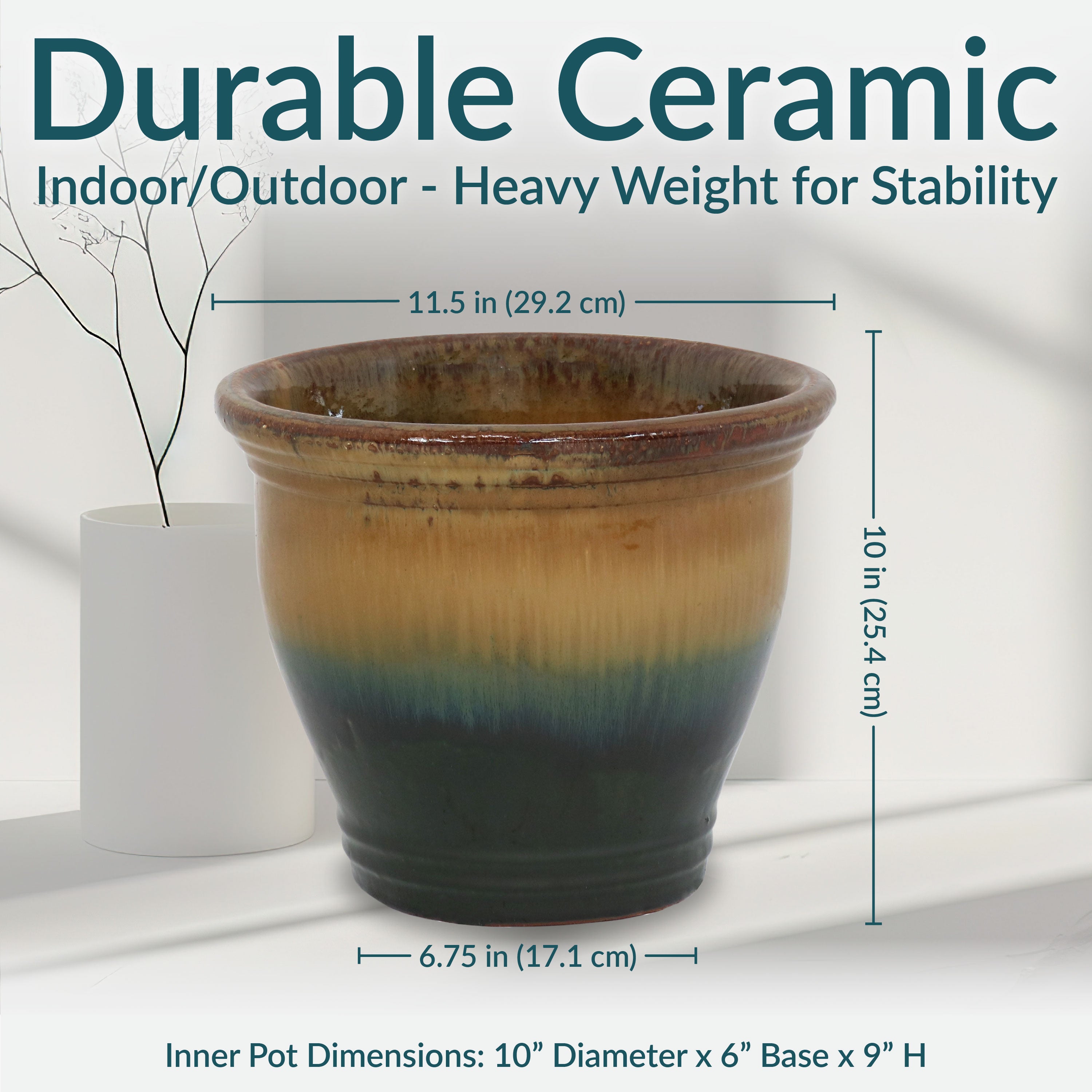 Premium Glazed Ceramic Plant Pots with Drainage Holes - Set of 2 Indoor/Outdoor Flower Planters for Home Decor, Garden & Patio