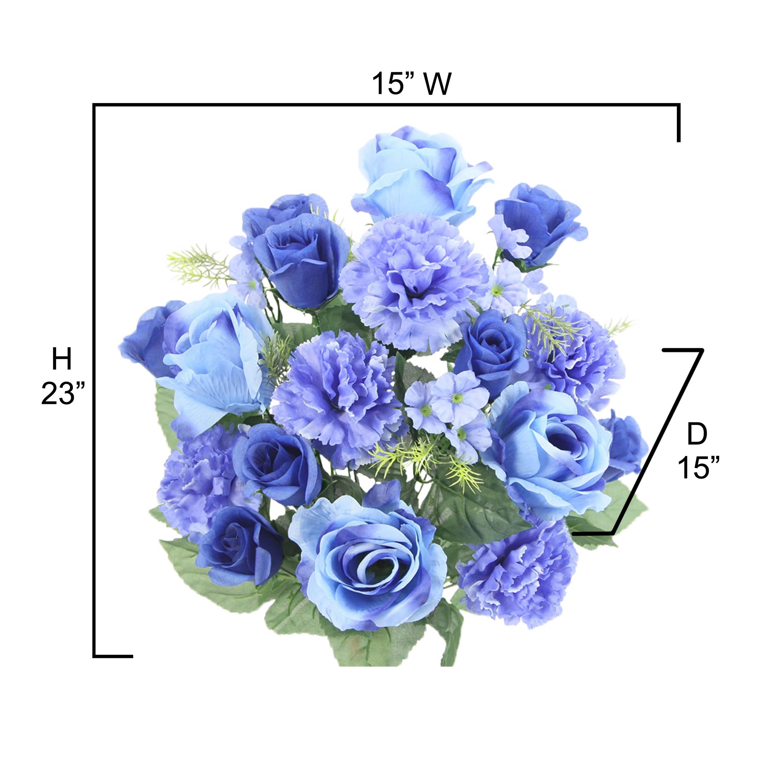24 Stem Artificial Flowers Roses & Carnations Mixed Bouquet - Faux Floral Arrangement for Indoor Wedding, Home Decor, Spring Centerpiece, and Cemetery Grave Decorations - Blue