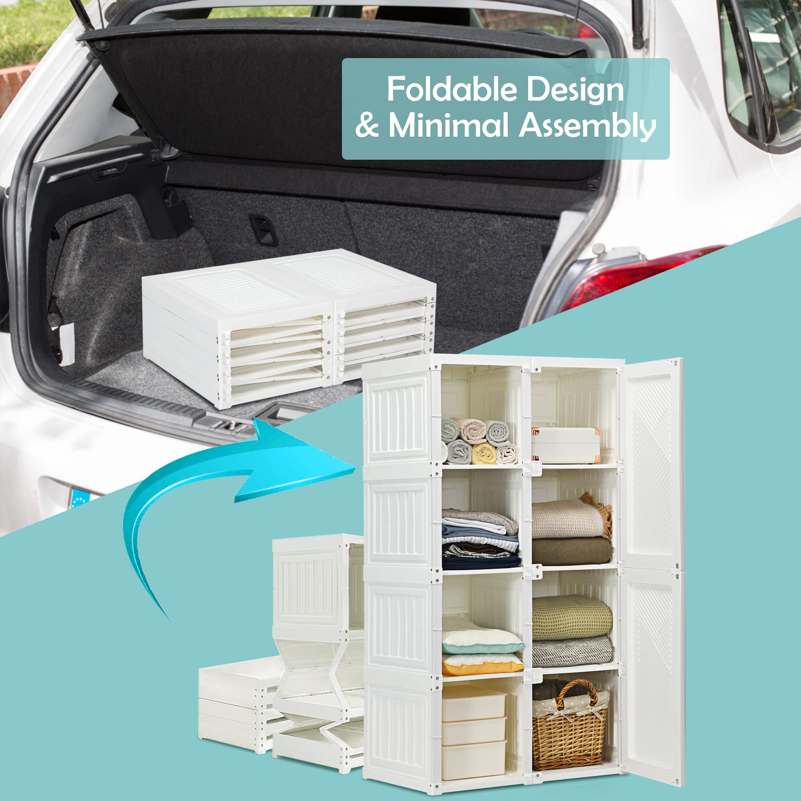 **Tangkula Portable Closet Wardrobe - Foldable Clothes Organizer with 8 Cubbies, Hanging Rods & Magnetic Doors - Easy Assemble Bedroom Storage for Clothes, Shoes & Accessories | Perfect for Small Spaces, Dorm Rooms & Apartments**