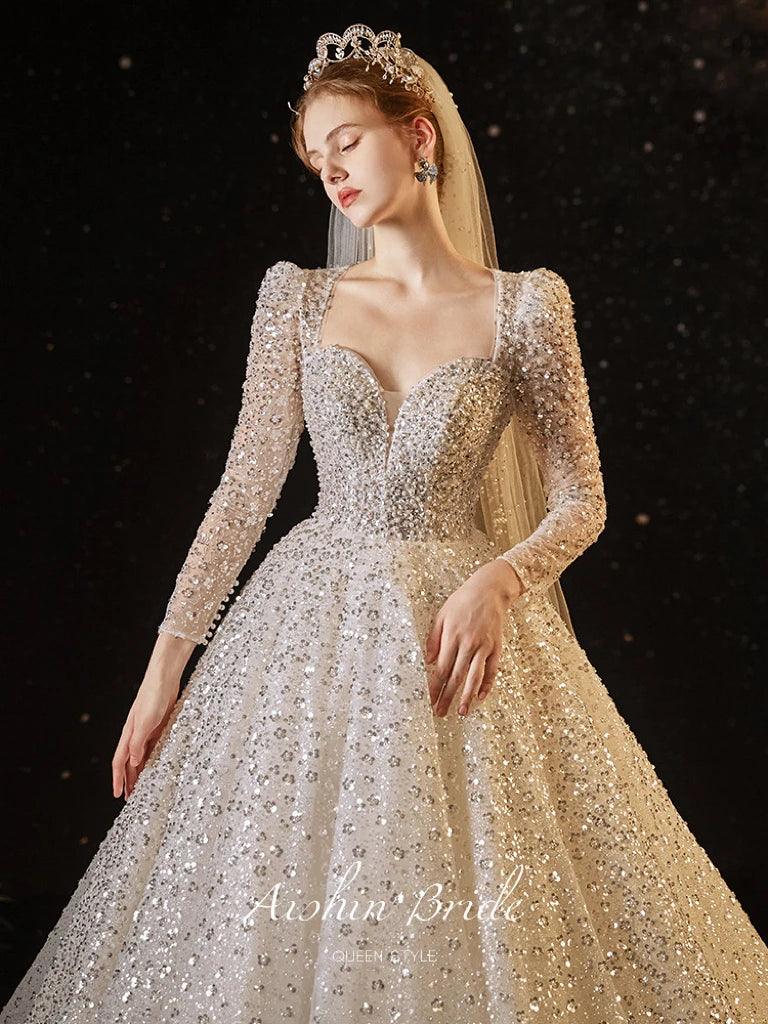 Luxury Sequined A-Line Wedding Dress with Custom Square Collar & Long Sleeves | Elegant Bridal Gown for Church Ceremony, Ballroom Reception & Romantic Photoshoot