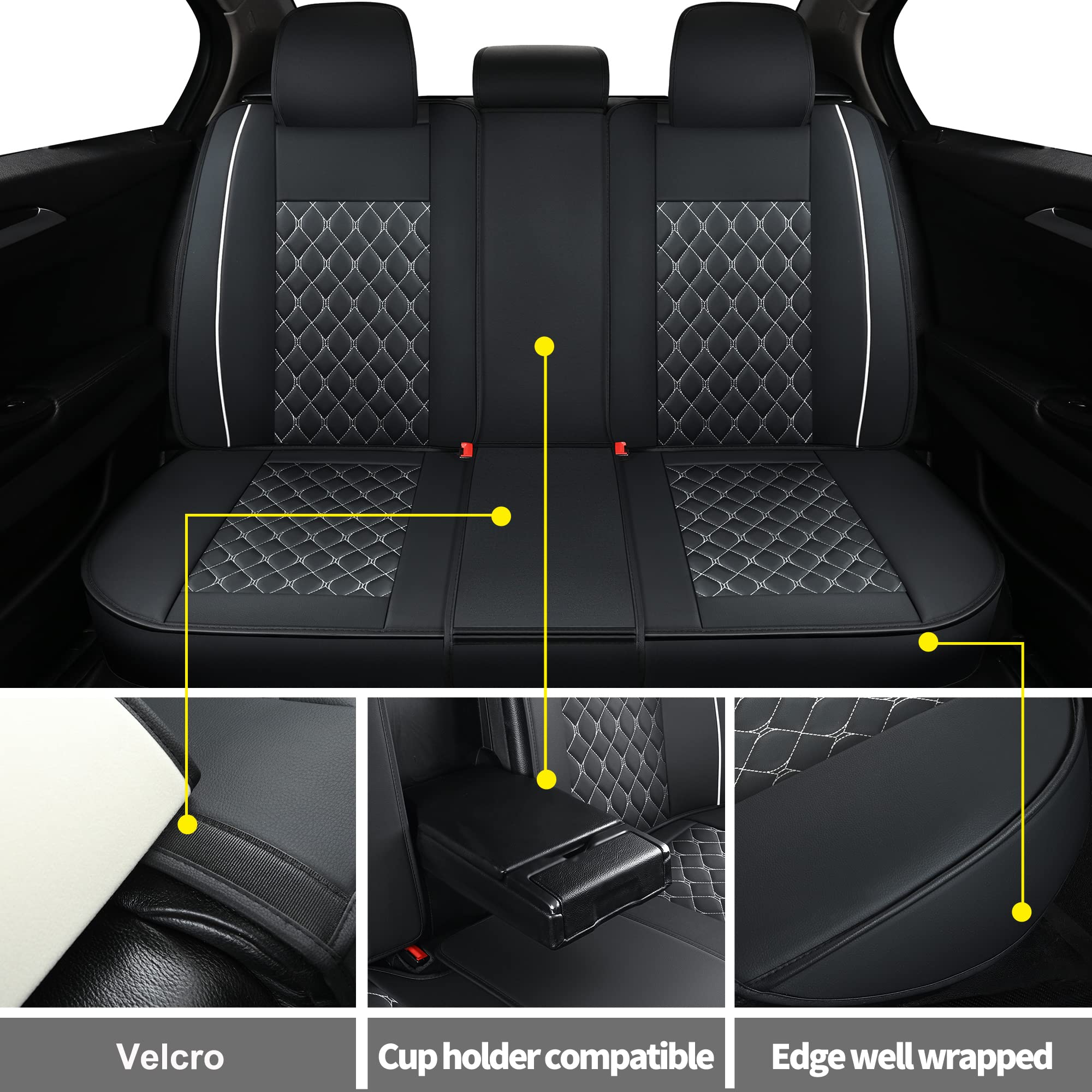 Universal Car Seat Covers Full Set - Faux Leather Auto Cushion for Most Cars, SUVs, Sedans & Trucks (5-Passenger, Black/White) - Perfect for Road Trips, Daily Commutes & Vehicle Protection