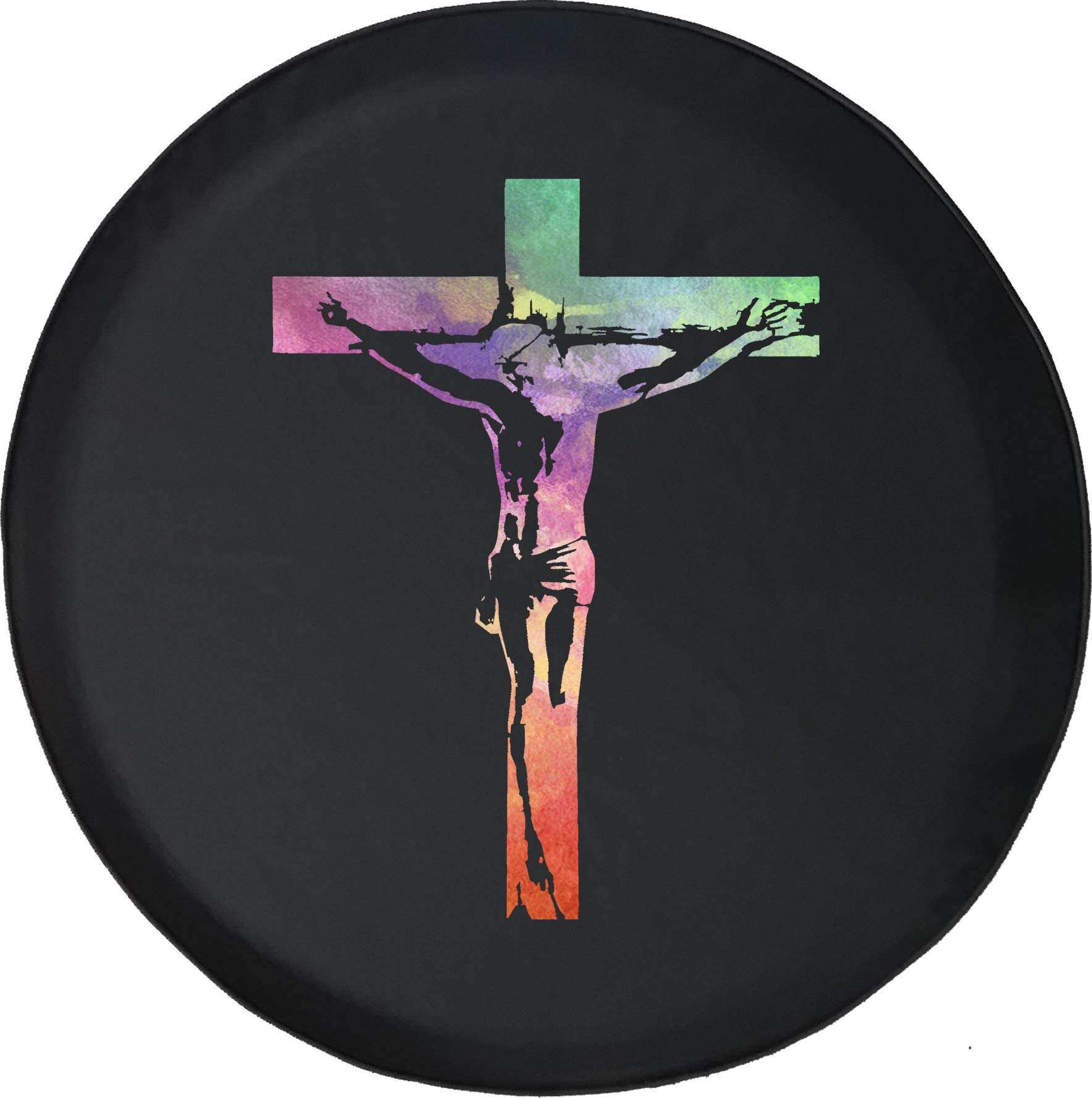 28 Inch Black Spare Tire Cover with Watercolor Jesus on Cross Design - Durable & Weatherproof for SUVs, Trucks & RVs - Perfect for Outdoor Travel & Religious Expression