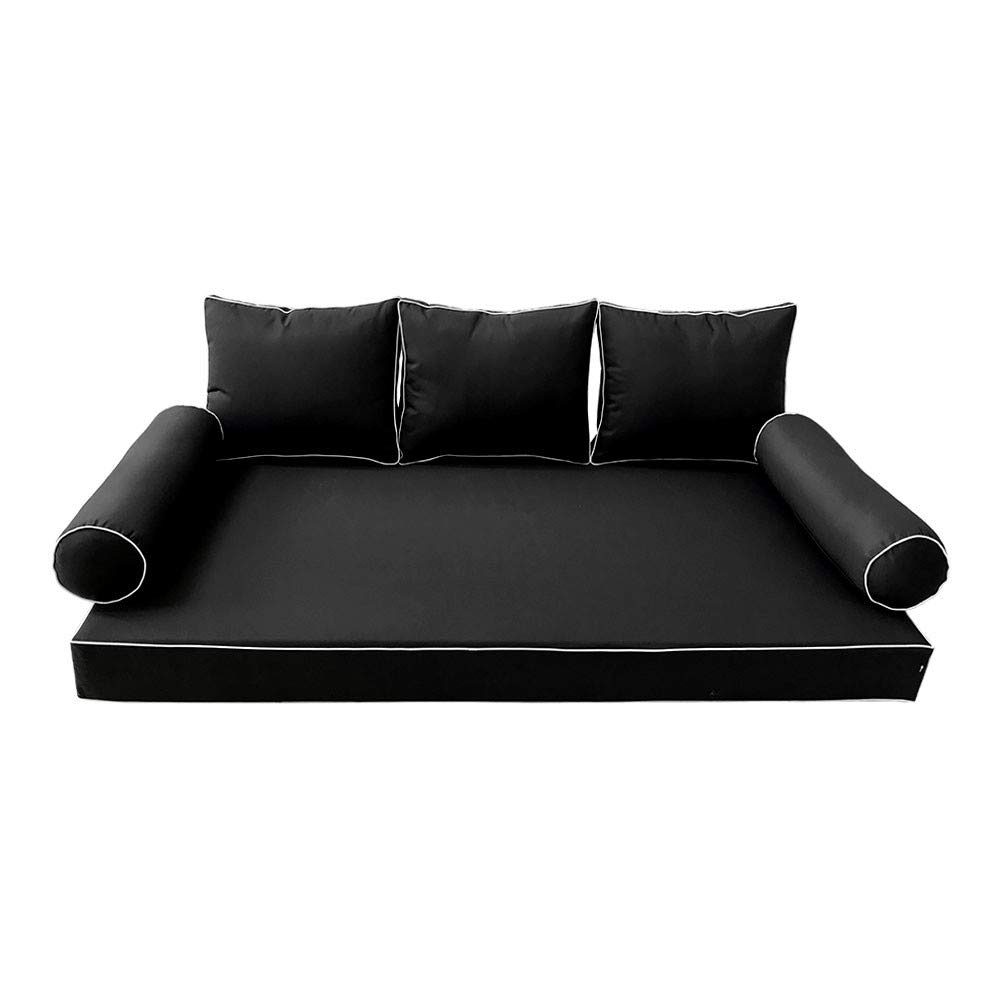 Style3 AD109 Twin Size 6-Piece Outdoor Daybed Set - Contrast Piping Mattress Cushion & Bolster Pillows for Patio, Poolside, or Garden Lounge (Beige & White)