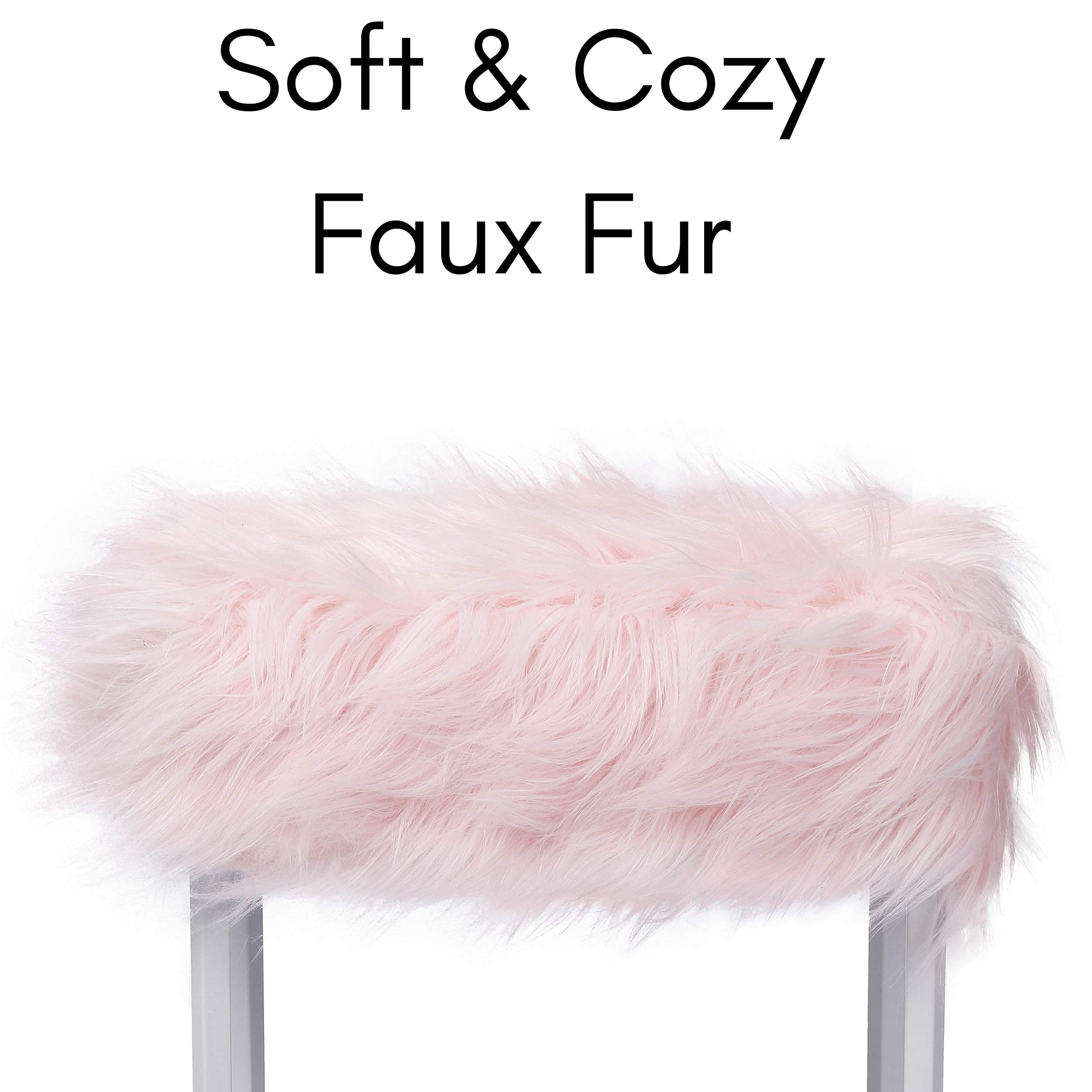 BIRDROCK HOME Small Pink Rectangular Faux Fur Vanity Stool Ottoman with White Metal Legs - Fluffy Makeup Seat & Cute Footrest - Perfect for Bedroom, Dressing Table, Girls Dorm or Office Desk - Compact Chair for Home Decor & Vanity Area