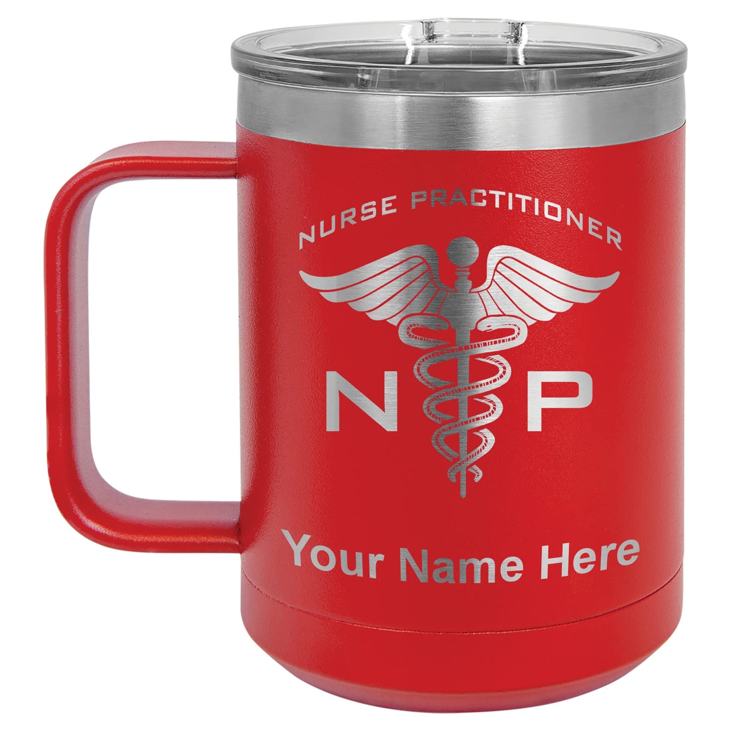 LaserGram 15oz Vacuum Insulated Stainless Steel Coffee Mug - Personalized Engraved Gift for Nurse Practitioner (NP) - Keeps Drinks Hot/Cold for Hours - Perfect for Hospital Shifts, Commuting & Outdoor Activities (Red)