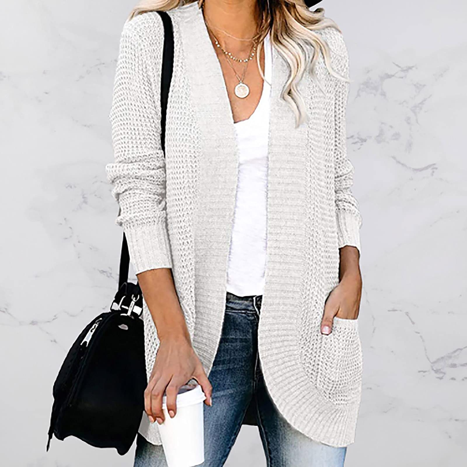 Women's Chunky Open Front Cardigan - Long Sleeve Loose Fit Knit Draped Sweater Waffle Knitted Long Cardigan Outwear for Casual Wear, Office & Fall Layering