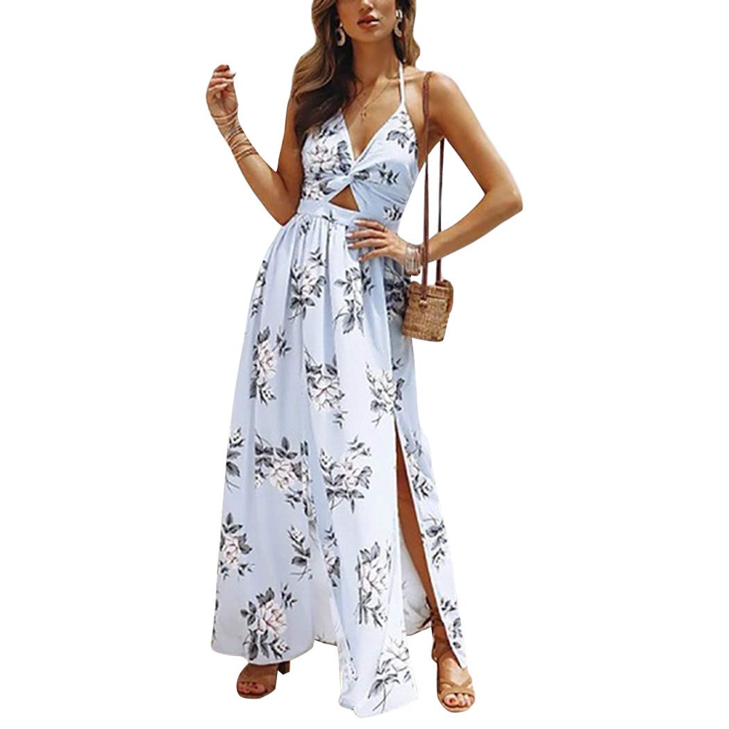 Sexy Women's Floral Sundress - Halter Deep V Neck Backless Split Beach Dress for Summer Vacation & Pool Party