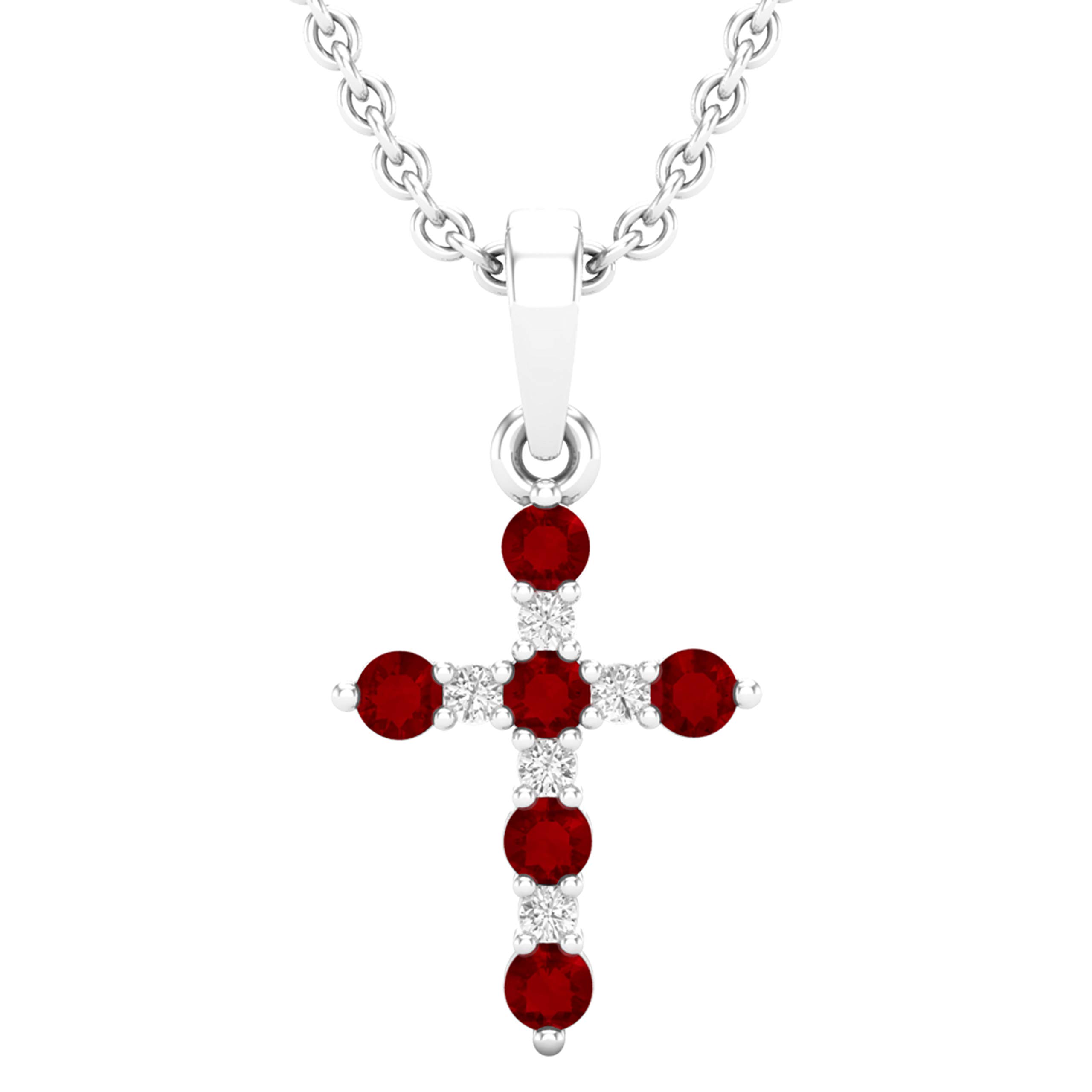 14K Solid White Gold Round Ruby & Diamond Women's Cross Pendant Necklace with Silver Chain | Elegant Jewelry Gift for Christmas, Baptism & Special Occasions