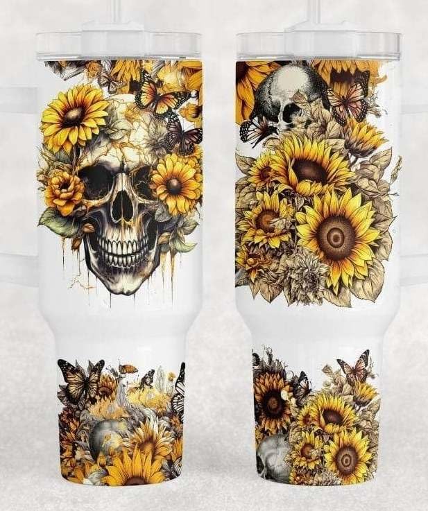 Gothic Sunflower Skulls & Butterfly Skeleton 40oz Sublimated Tumbler with Handle & Straw Lid - Perfect for Halloween, Gothic Parties & Dark Aesthetic Lovers