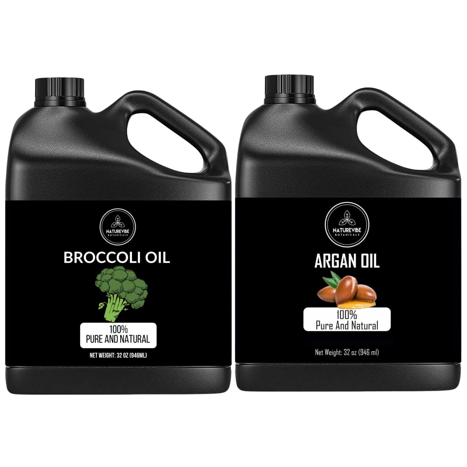 Naturevibe Botanicals Organic Broccoli Oil & Argan Oil Combo - 32oz Each | Cold-Pressed, Unrefined for Hair, Skin & Nail Care | Perfect for DIY Beauty Recipes & Massage Therapy
