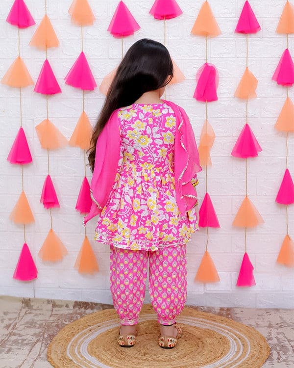 Elegant Pink Floral Printed Kurta with Afgani Salwar & Dupatta Set - Traditional Indian Ethnic Wear for Women - Perfect for Festivals, Weddings & Special Occasions