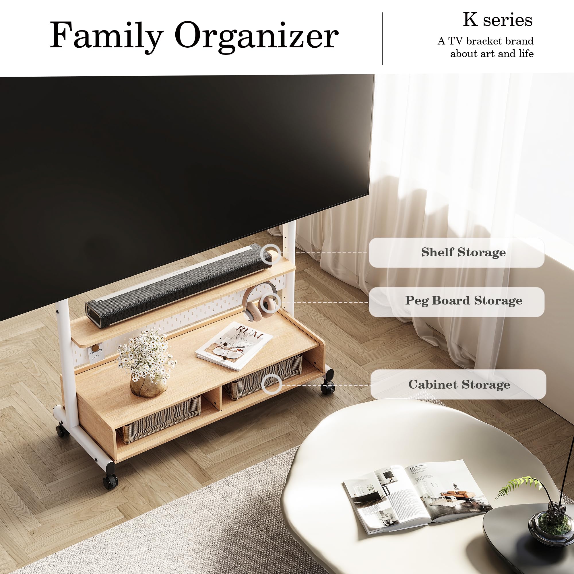 FITUEYES Heavy Duty Rolling TV Stand for 70-100 Inch Flat Screen TVs - Mobile Corner TV Cart with Mount for LCD/LED/Curved Screens, Holds Up to 176 lbs - Wooden Storage Cabinet for Living Room, Bedroom & Home Theater Setup