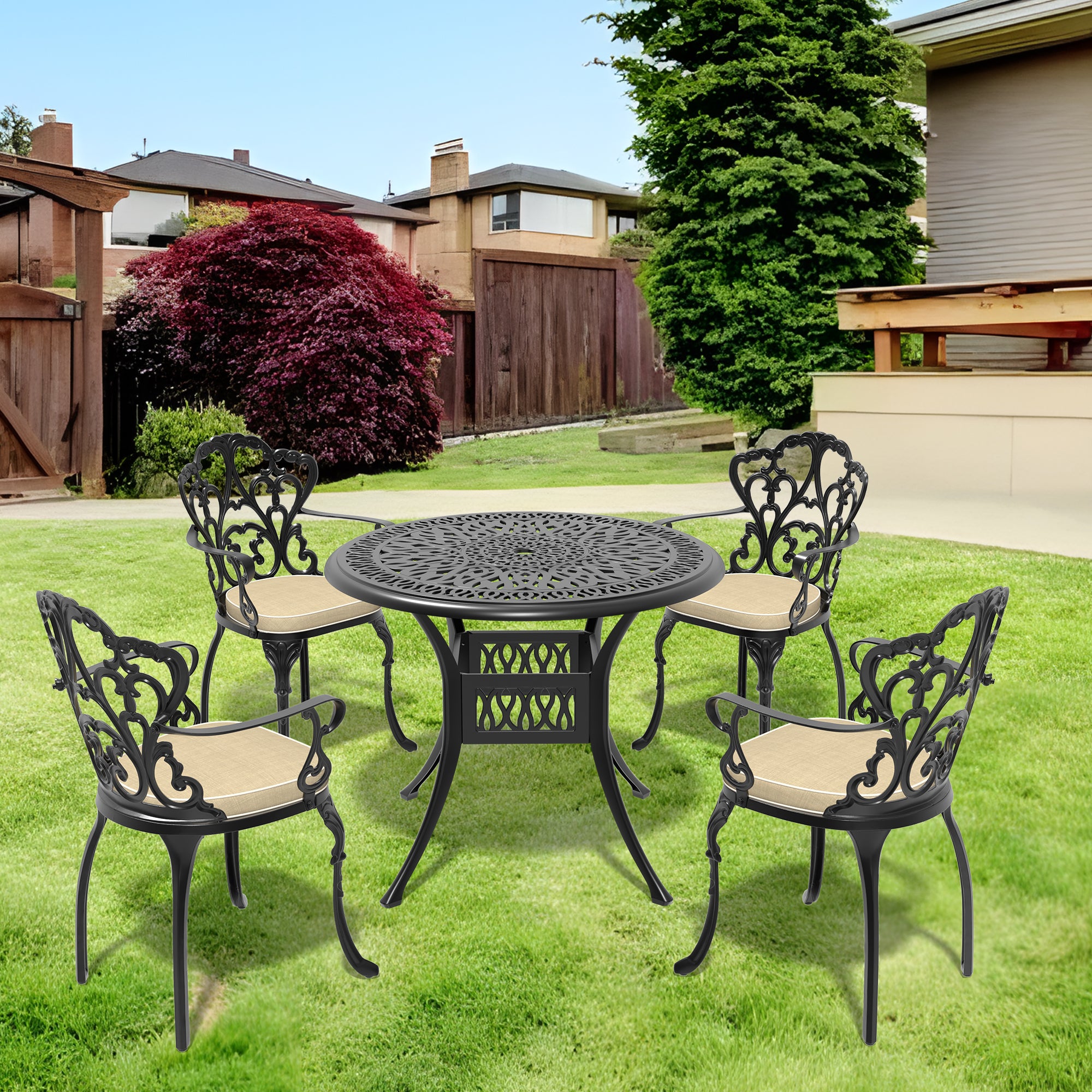 5-Piece Cast Aluminum Patio Furniture Set with Cushions (Random Colors) - Durable Outdoor Seating for Garden, Poolside & Backyard Relaxation
